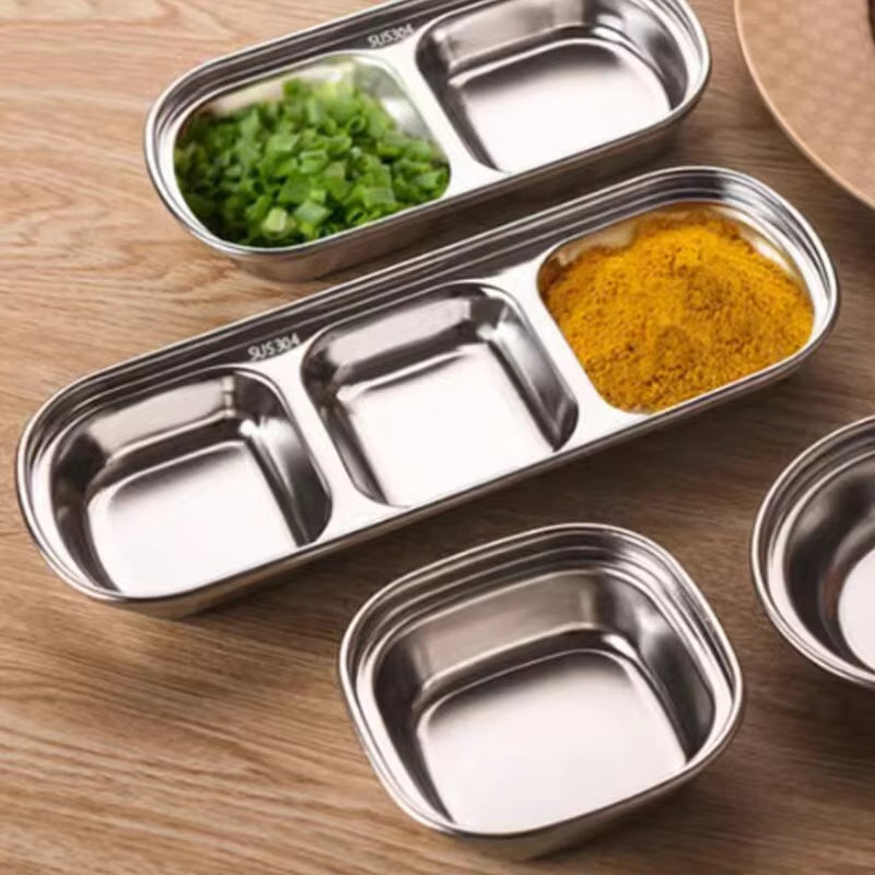 Stainless Steel Divided Dip Bowls Sauce Plate Seasoning Dipping Condiment Tray for BBQ Vinegar Spice Ketchup Salt Sugar Flavor