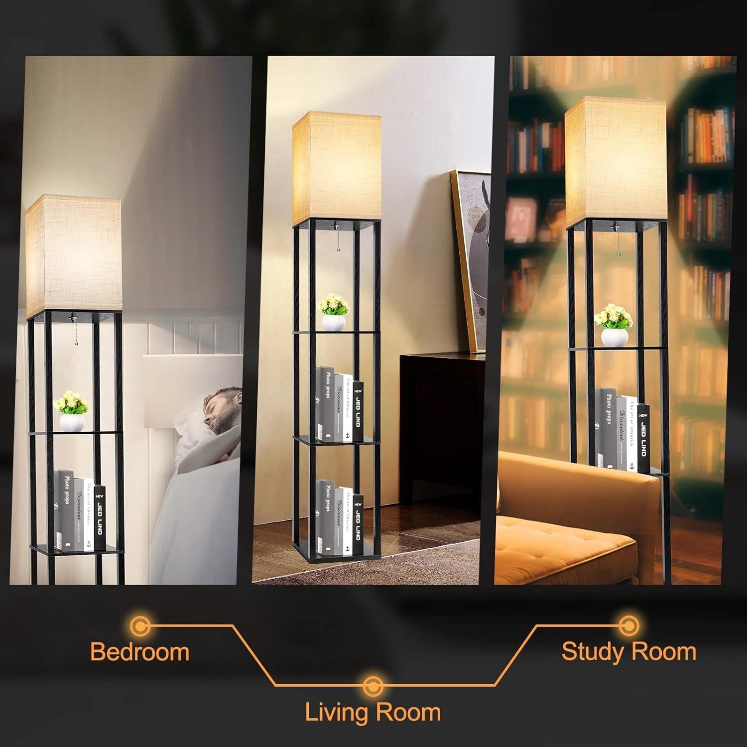 3-Shelf Floor Lamp with LED Bulbs - Modern Standing Display Shelf Lamp for Living Room, Bedroom and Office (Black)