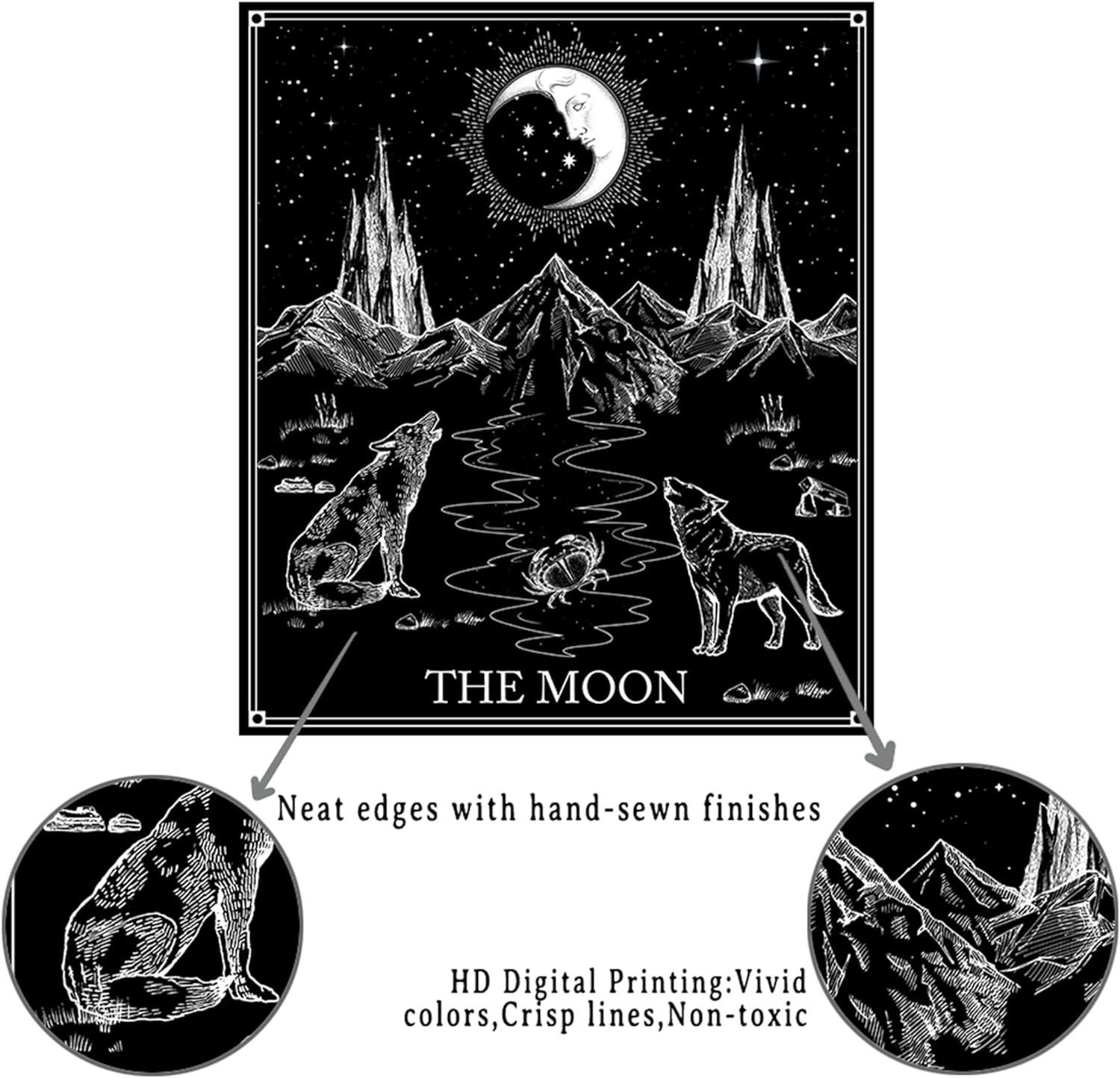 Aesthetic Tarot Card Tapestry Wall Hanging Black and White Tapestry Gothic Wolf and Moon Wall Tapestry for Dorm Room Decorations, 59" X 83"