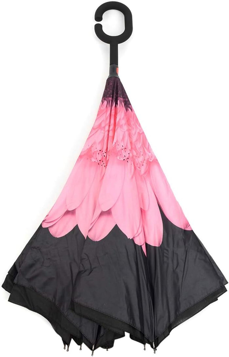 Pink Flower Double Layer Inverted Umbrellas - C Shaped Handle Reverse Folding Windproof Umbrella for Men and Women