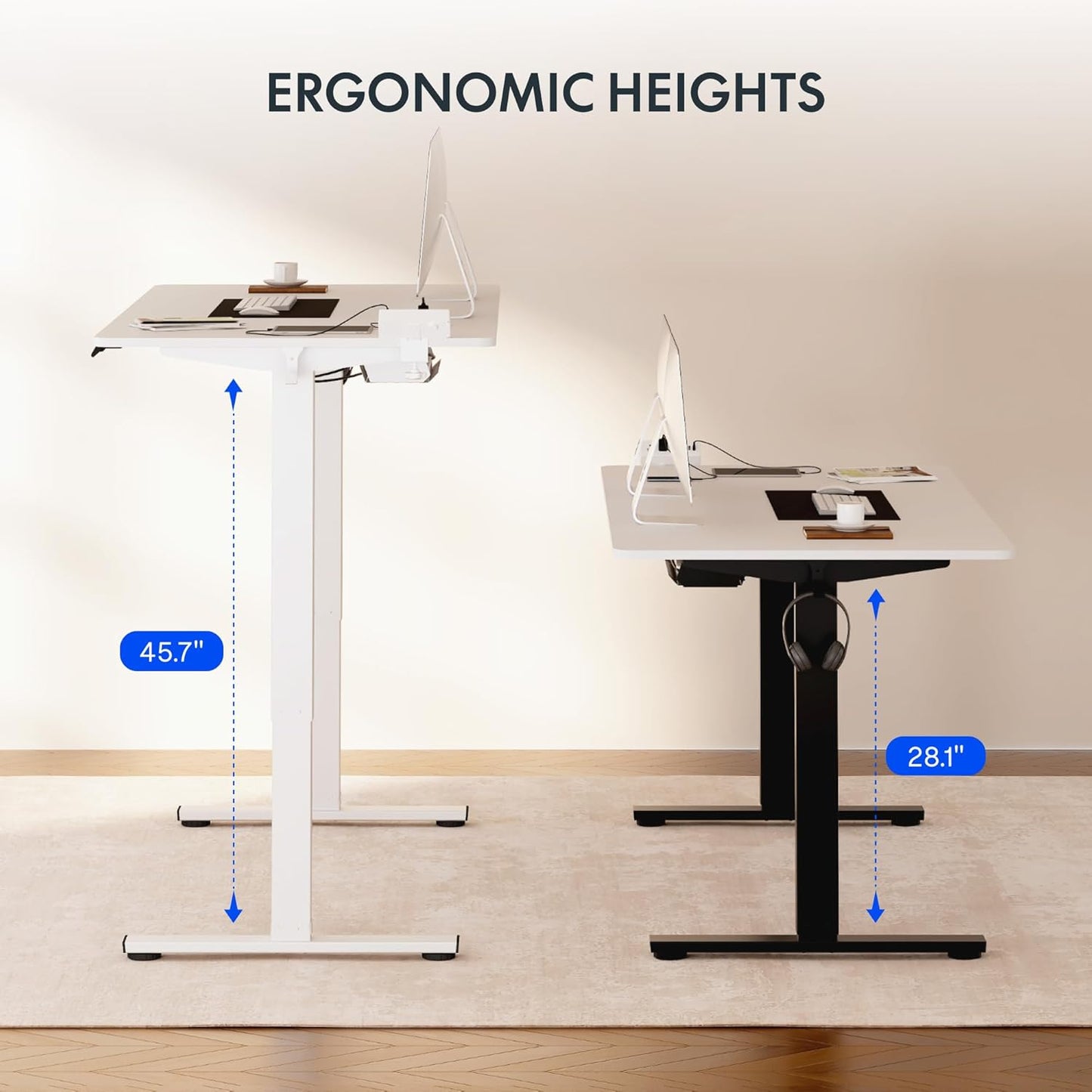 EN2 Whole-Piece Standing Desk with Clamp Power Strip, 48 X 30 Electric Stand up Height Adjustable Desk with Cable Management (Black Frame + 48" White Top, 2 Packages)