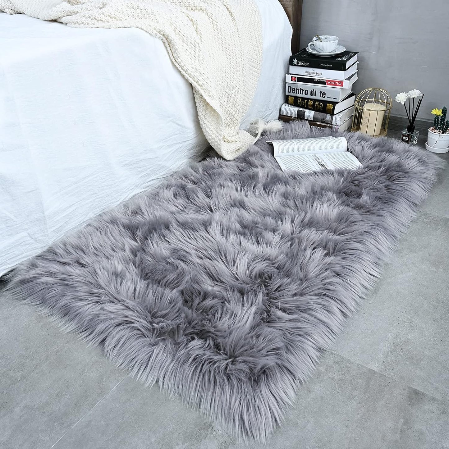 Soft Faux Fur Fluffy Area Rug, Luxury Fuzzy Sheepskin Carpet Rugs for Bedroom Living Room, Shaggy Silky Plush Carpet Bedside Rug Floor Mat, 2Ft X 4Ft, Gray