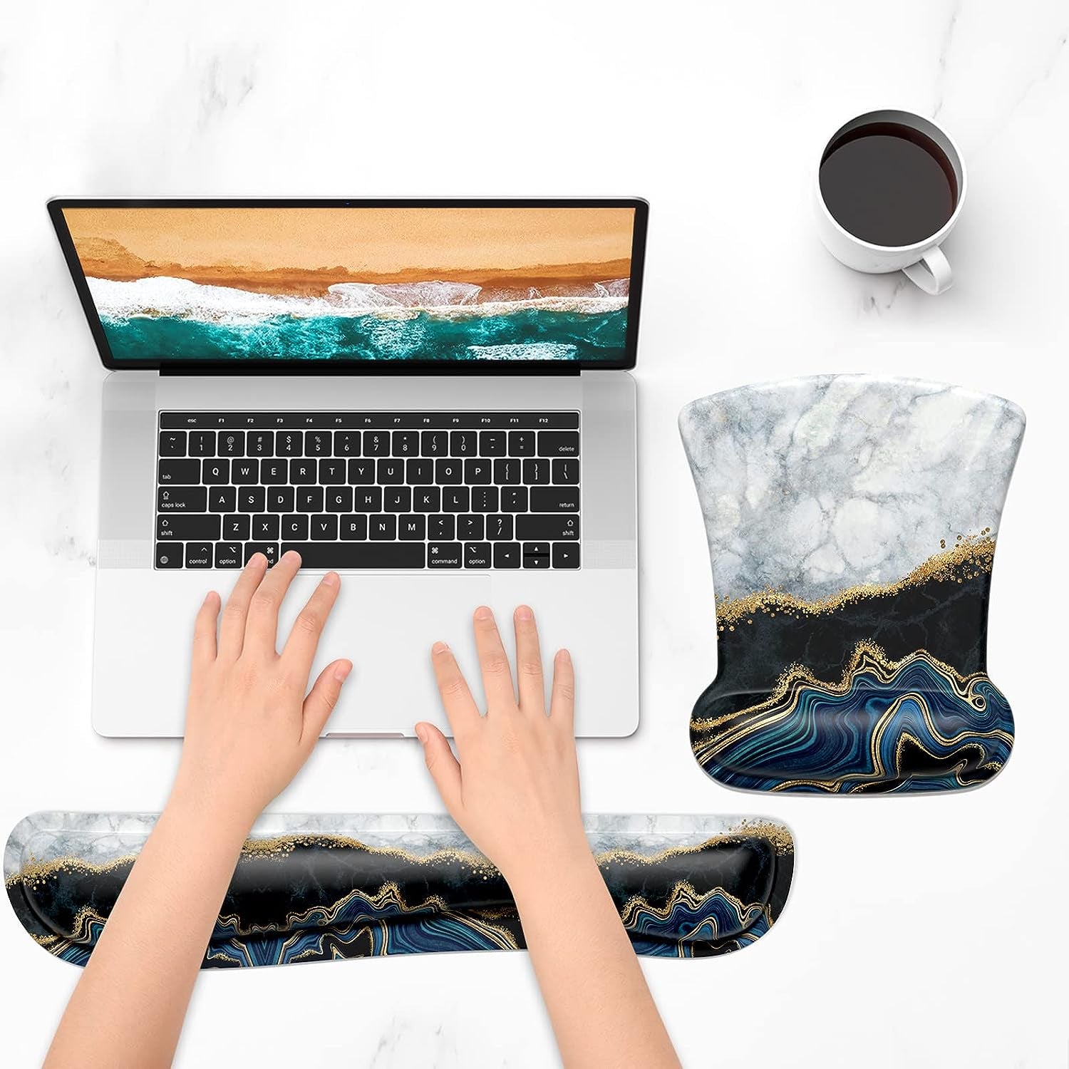 Mouse Pad Wrist Support, Keyboard Wrist Rest, Keyboard Pad, Wrist Rests for Keyboard and Mouse, Non-Slip Memory Foam Easy Typing Pain Relief Perfect for Office, Abstract Art Marble