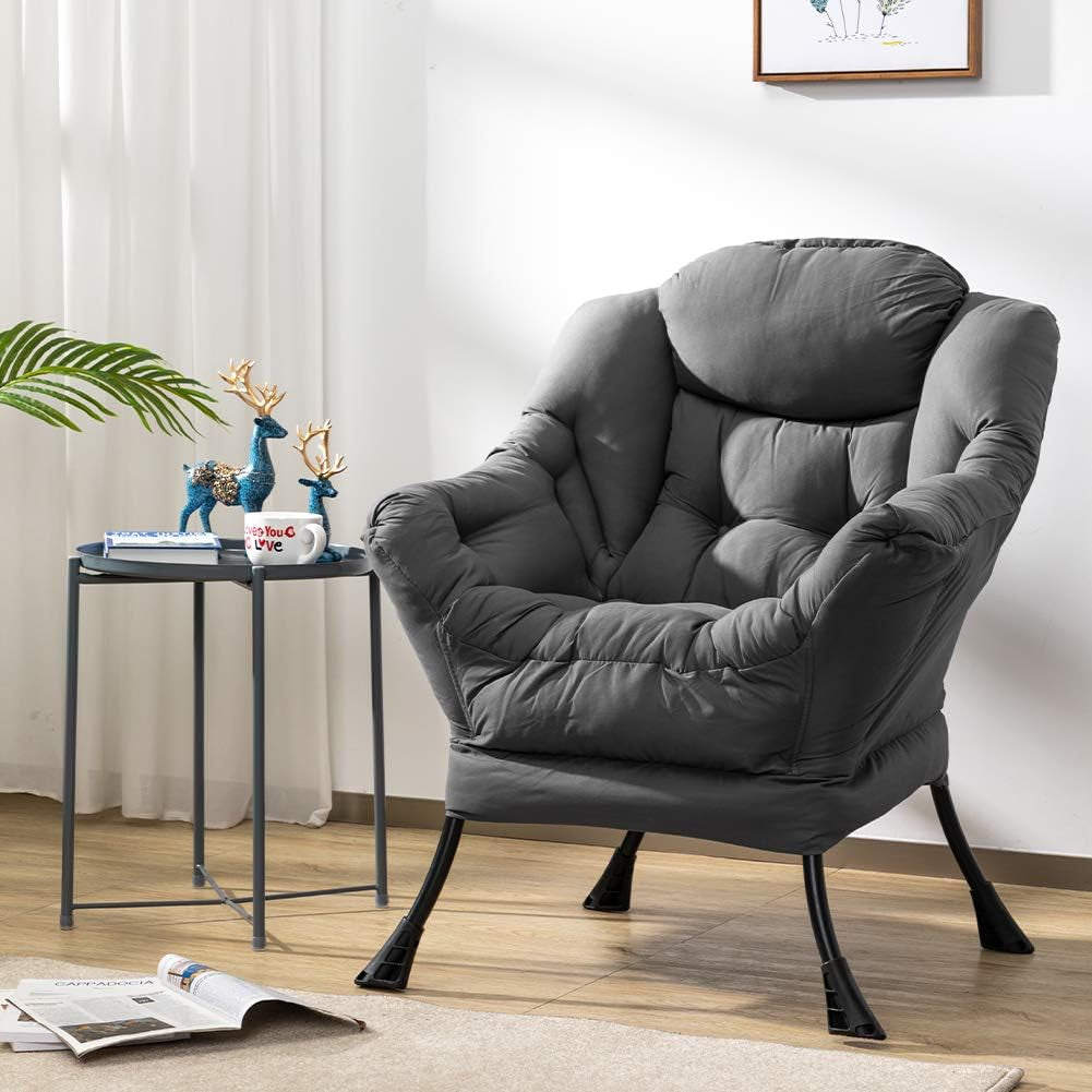 Modern Fabric Large Lazy Chair, Accent Oversized Comfy Reading Chair, Thick Padded Cozy Lounge Chair with Armrest, Steel Frame Leisure Sofa Chair for Living Room, Bedroom, Dorm, Dark Grey