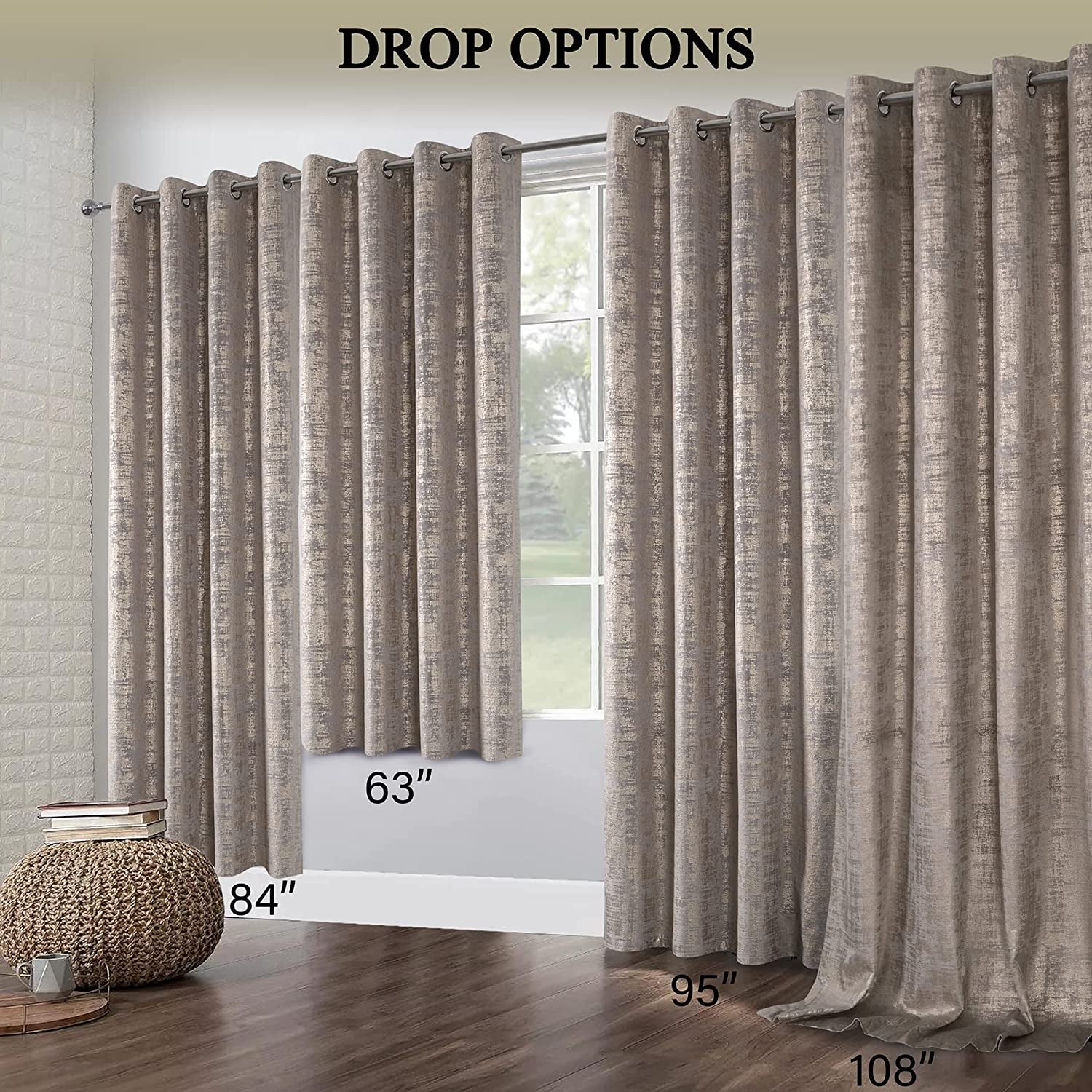 Champagne Soft Velvet Curtains 95 Inch Length Luxury Bedroom Curtains Gold Foil Print Window Curtains for Living Room Bedroom Set of 2