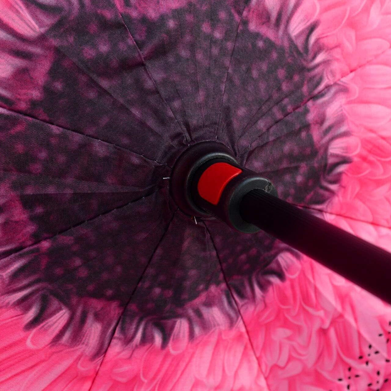 Pink Flower Double Layer Inverted Umbrellas - C Shaped Handle Reverse Folding Windproof Umbrella for Men and Women