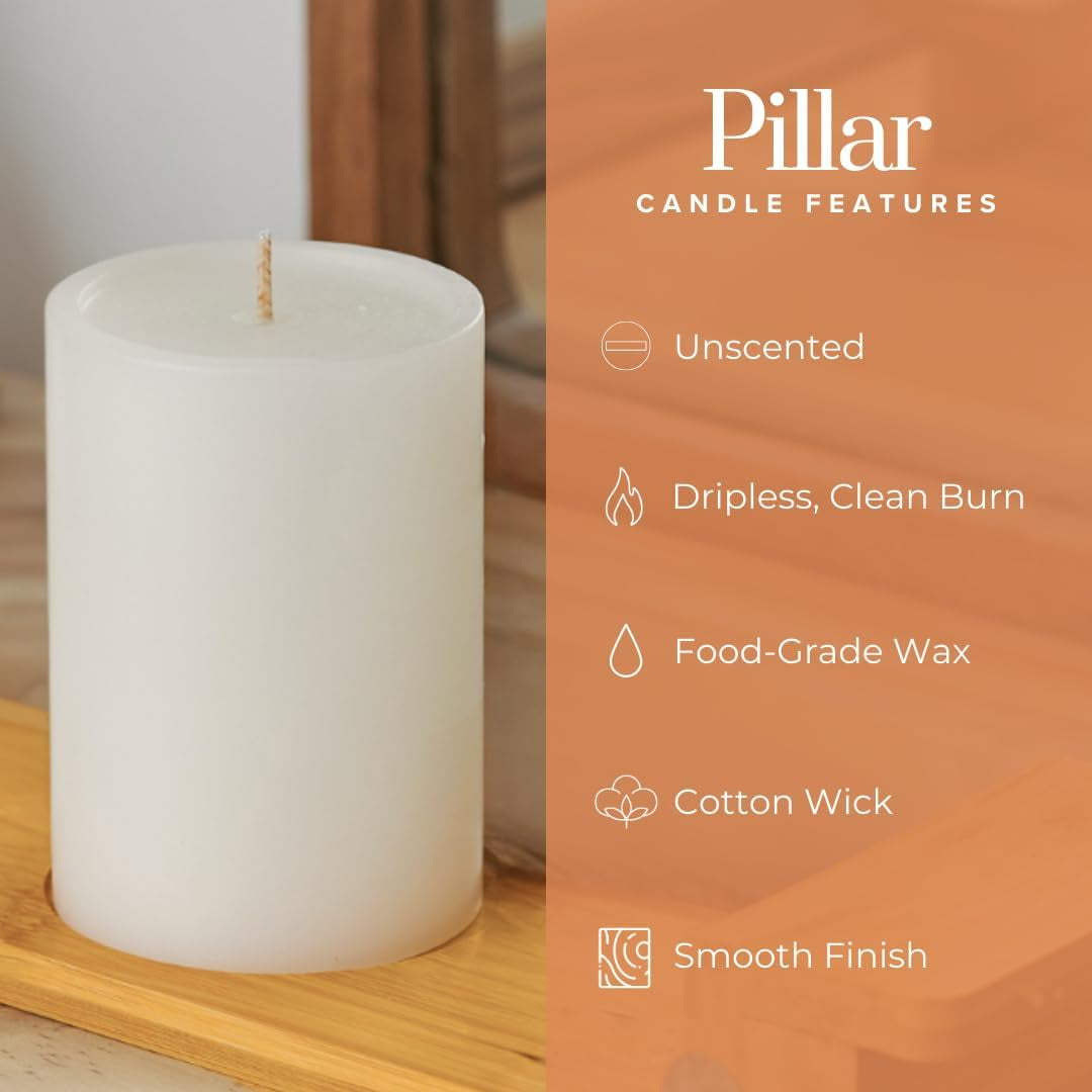 3X4 Inch White Pillar Candles Set of 6, Smooth Texture, Unscented White Candles, Dripless Candles, 3 Inch Pillar Candles Ideal as Wedding, Parties, Spas, Dinner, Home Decoration, Church