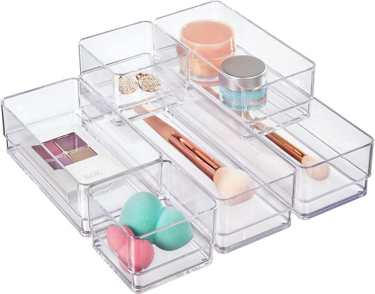 Simplesort Drawer Organizer Bins 6 Pc Set, Multi-Size, Bathroom Organizers and Storage, Makeup Organizer, Desk Organizer, Vanity Organizer, Clear Organizing Containers, Made in USA