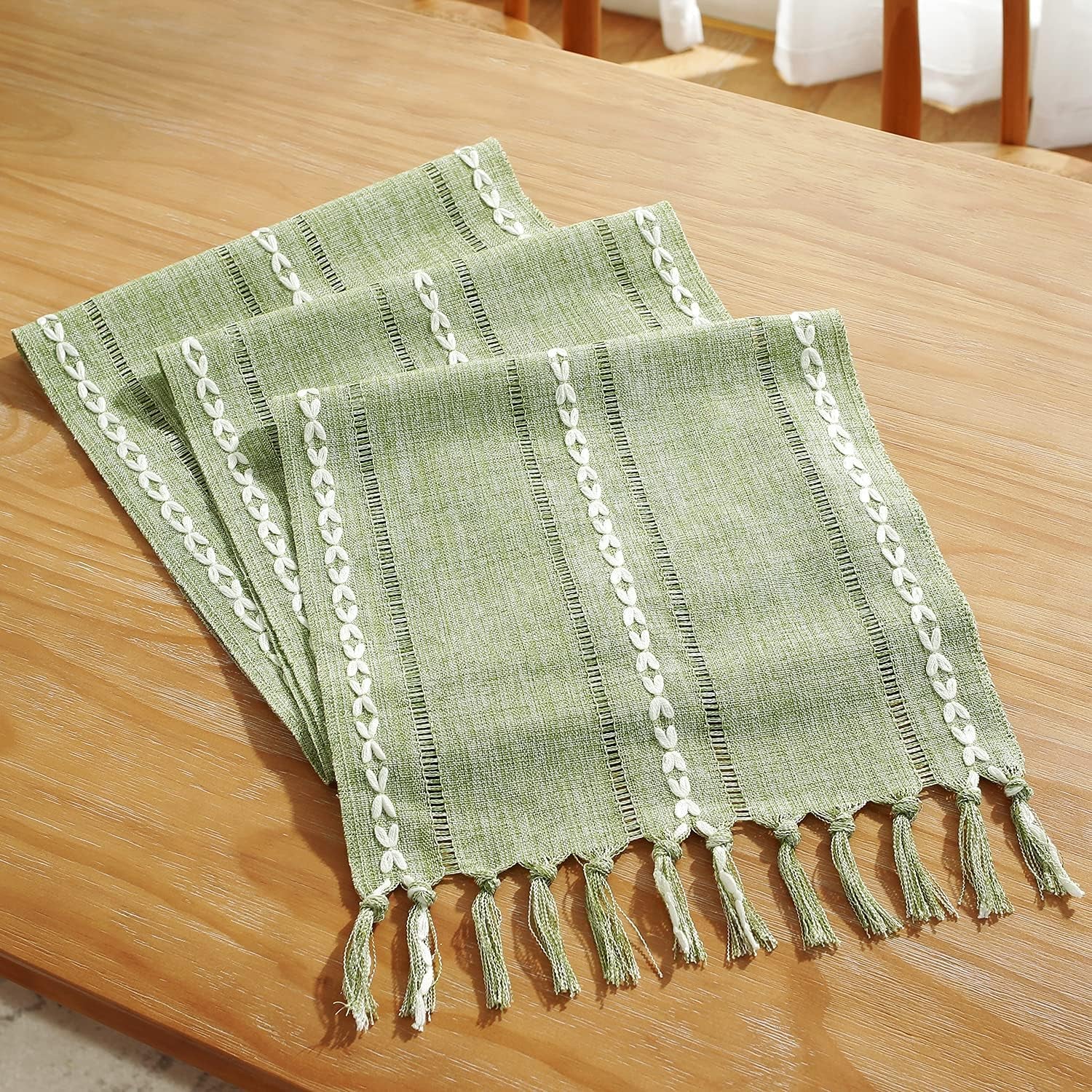 Rustic Farmhouse Style Linen Table Runner, Boho Handmade Tassel Embroidered Table Runners 108 Inches Long for Holiday Party, Christmas and Dining Decorations, 13 X 108 Inch - Sage Green