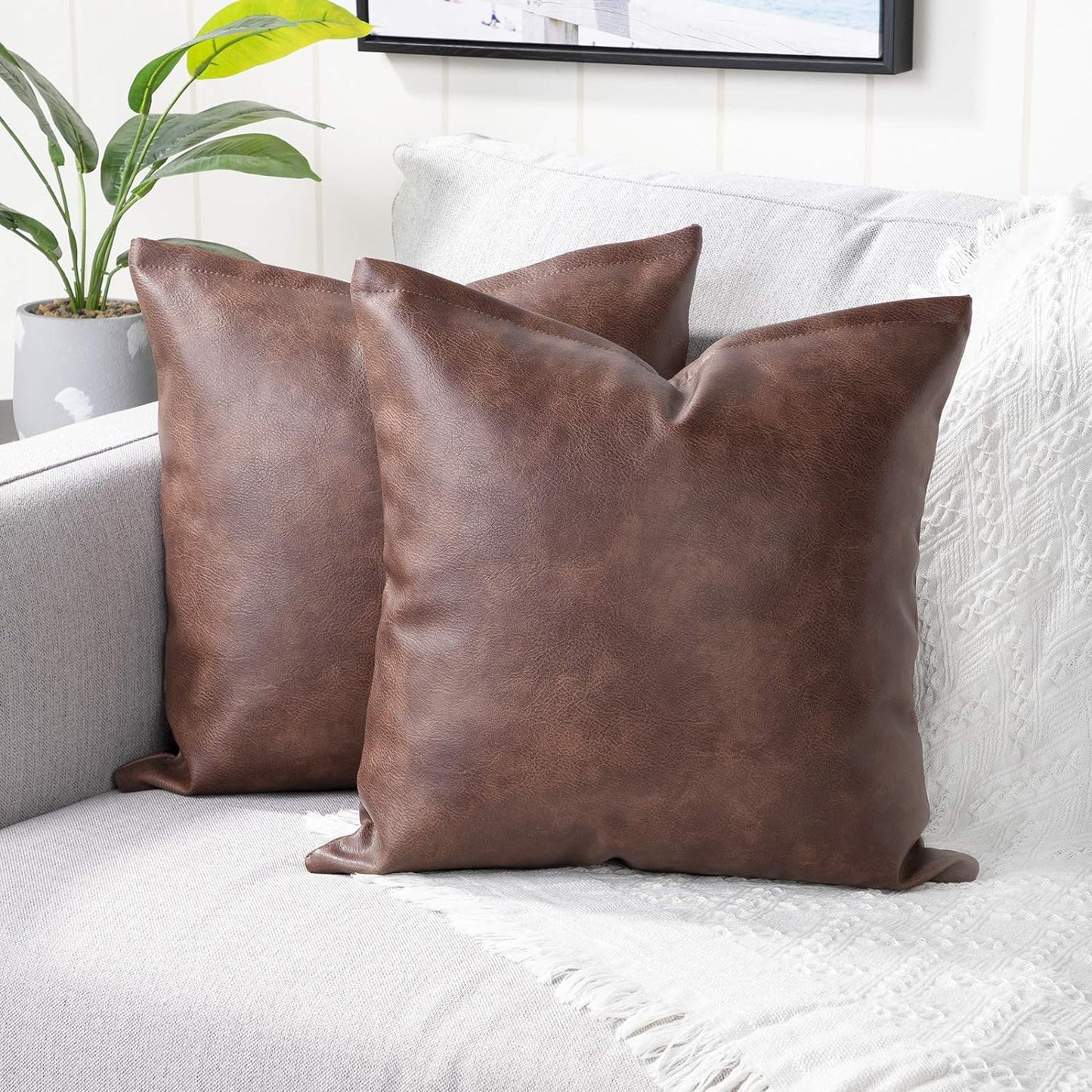 Set of 2 Faux Leather Decorative Throw Pillow Covers Modern Solid Outdoor Cushion Cases Luxury Pillowcases for Couch Sofa Bed 22X22 Inches Dark Brown