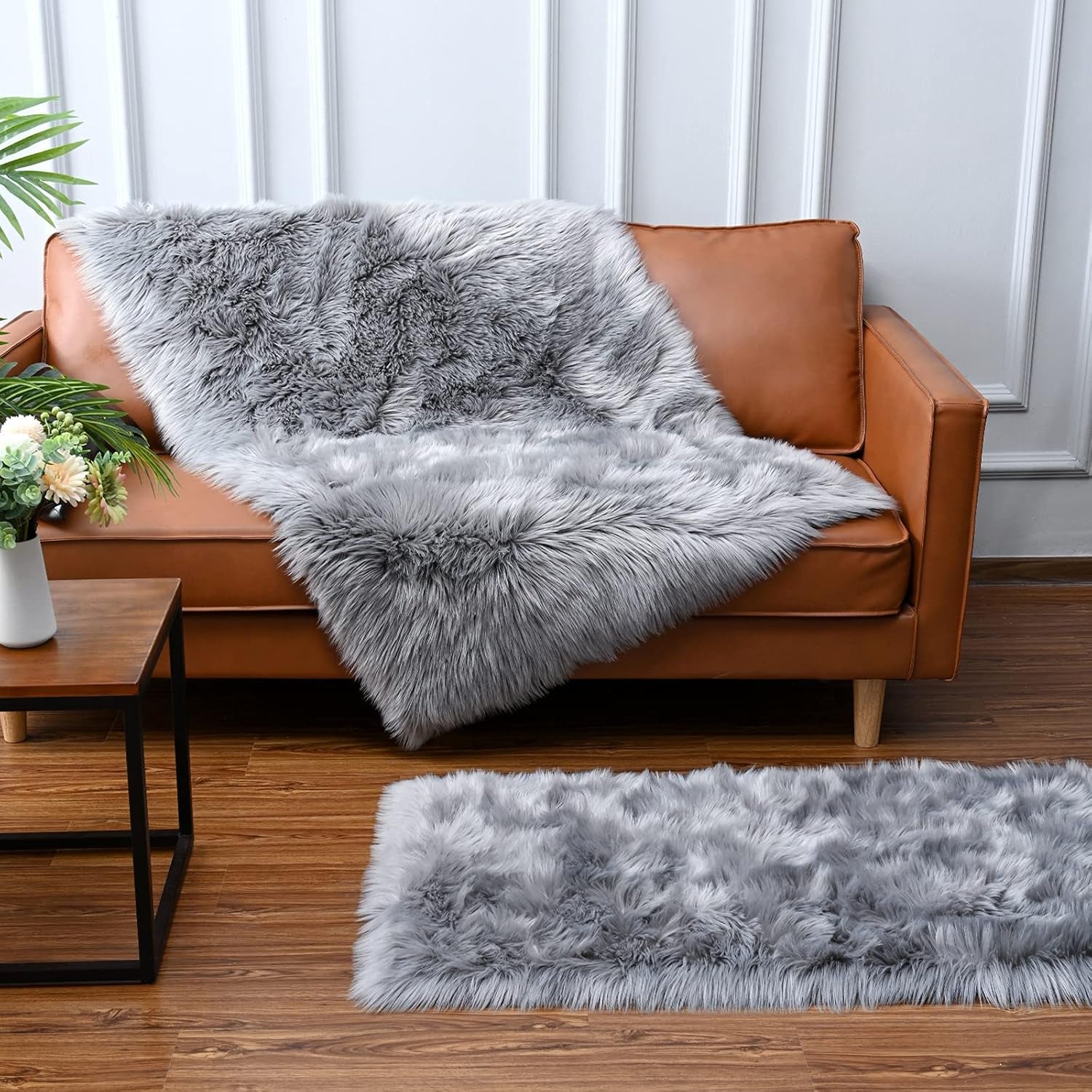 Soft Faux Fur Fluffy Area Rug, Luxury Fuzzy Sheepskin Carpet Rugs for Bedroom Living Room, Shaggy Silky Plush Carpet Bedside Rug Floor Mat, 2Ft X 4Ft, Gray