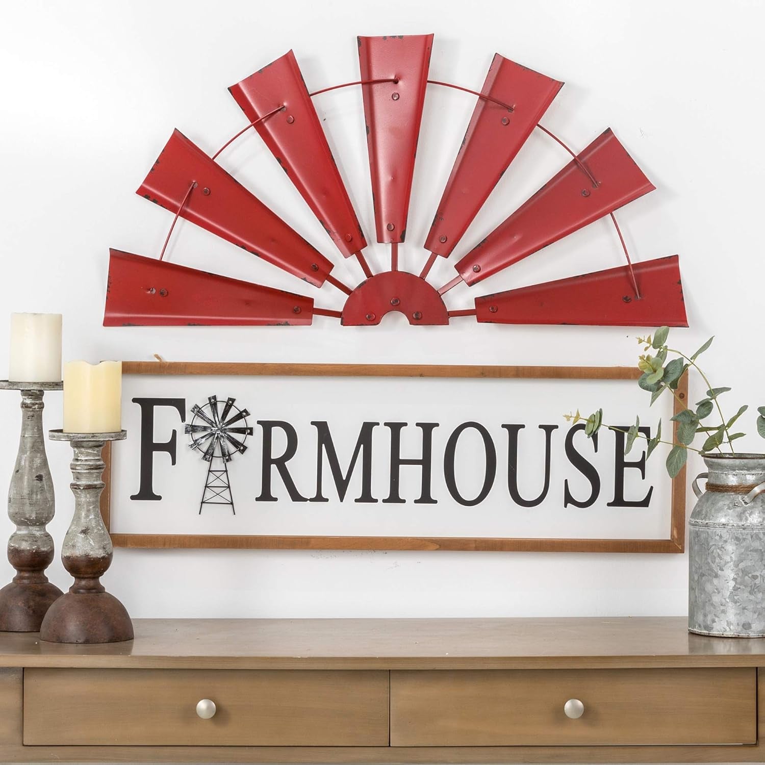 32" Rustic Galvanized Metal Half Windmill Wall Sculpture Farmhouse Wall Art Home Decor, Red