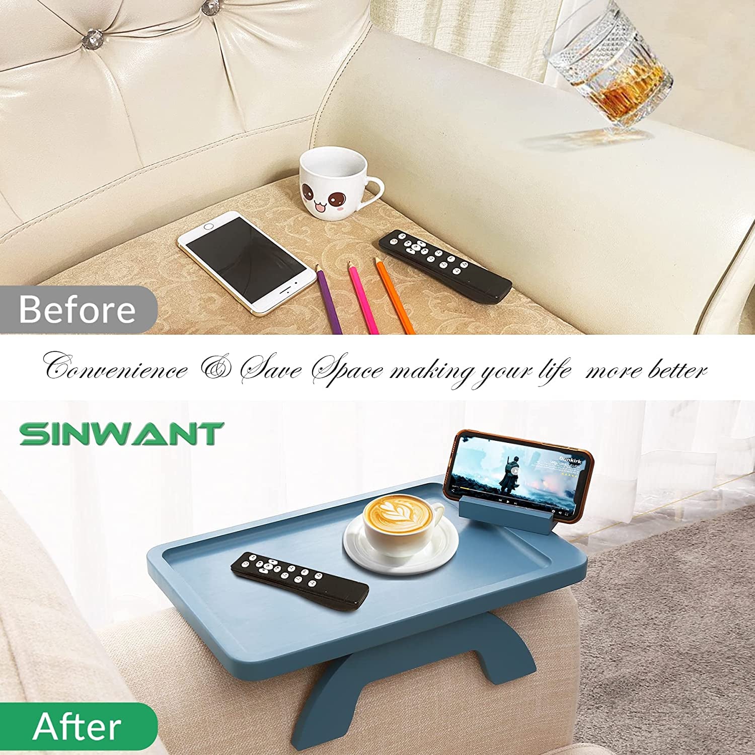 SINWNAT Couch Arm Tray, Bamboo Sofa Arm Clip on Tray Table,Sofa Armrest Tray with 360° Phone Holder,Sofa Arm Table for Eating and Drinking Table