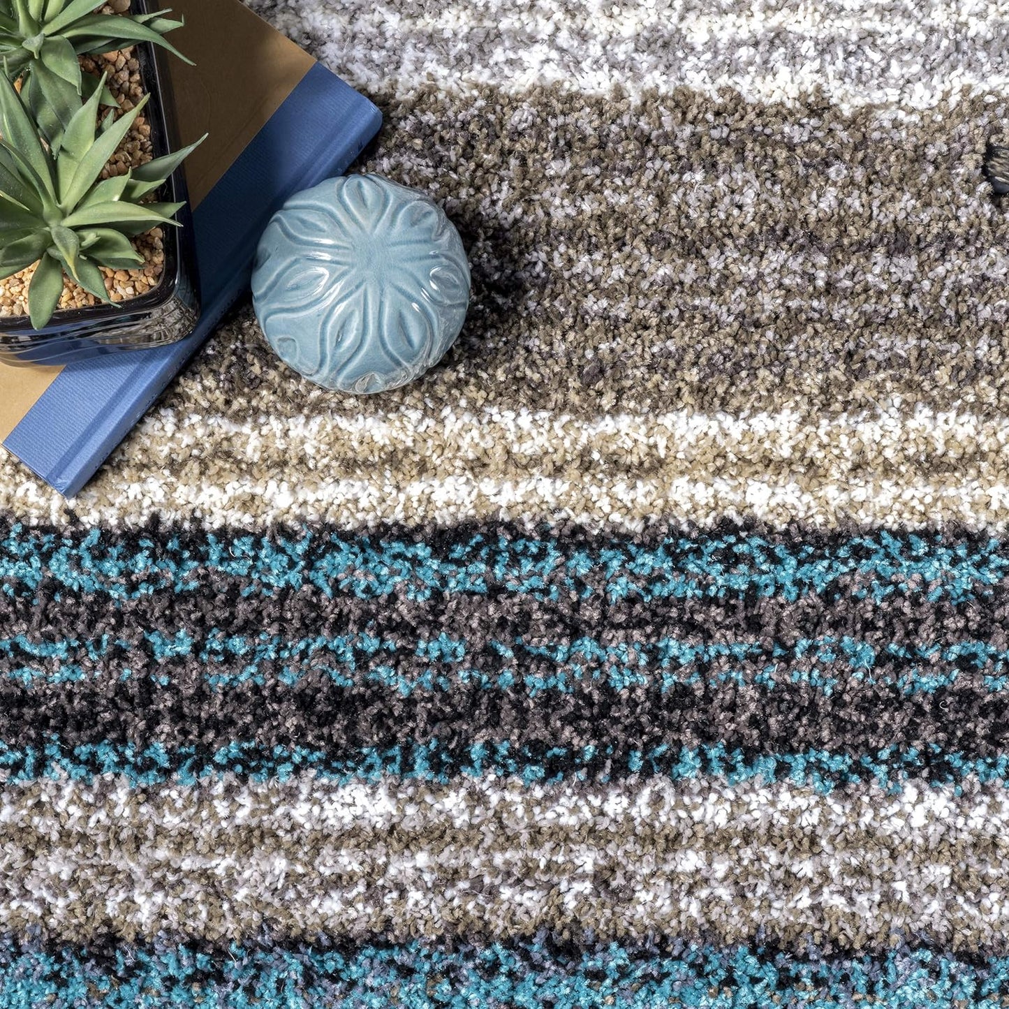 Drey Striped Shag Area Rug - 12X15 Shag Area Rug Casual Blue Multi/Brown Rugs for Living Room Bedroom Dining Room Nursery