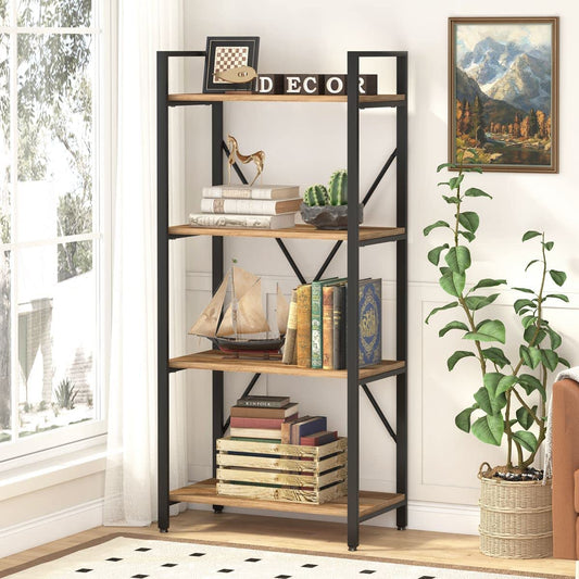 Industrial 4 Tier Bookshelf, Modern Open Shelving Unit Book Shelves, Heavy Duty Etagere Bookcase, Wood Metal 4 Shelf Book Case for Office, Living Room and Bedroom (Vintage Oak)