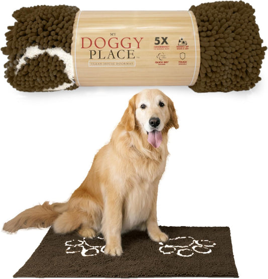 Microfiber Dog Mat for Muddy Paws, 36" X 26" Brown with Paw Print - Absorbent and Quick-Drying Dog Paw Cleaning Mat, Washer and Dryer Safe - Non-Slip Rubber Backed Pet Mat, Large