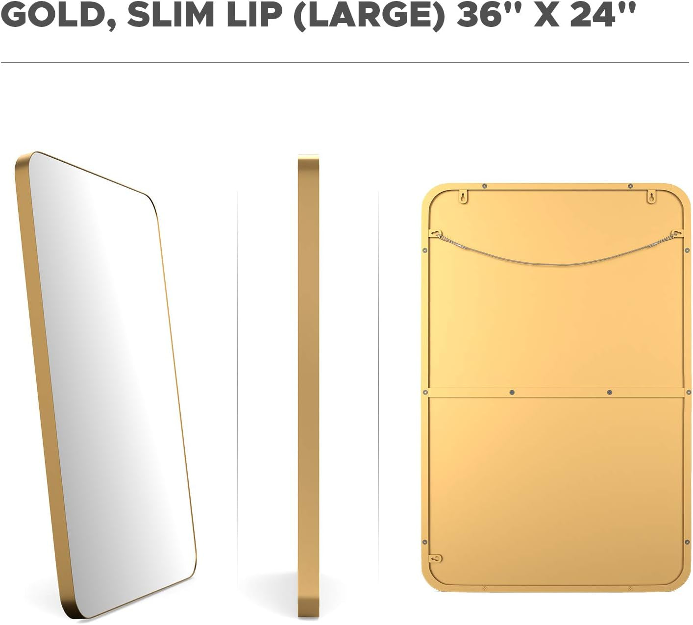 Large Bathroom Mirrors for Wall - Modern Rectangular Mirror with Seamless Metal Mirror Frame - Easy to Install, Mounting Hardware Included (Gold, Slim Lip 36"X24")