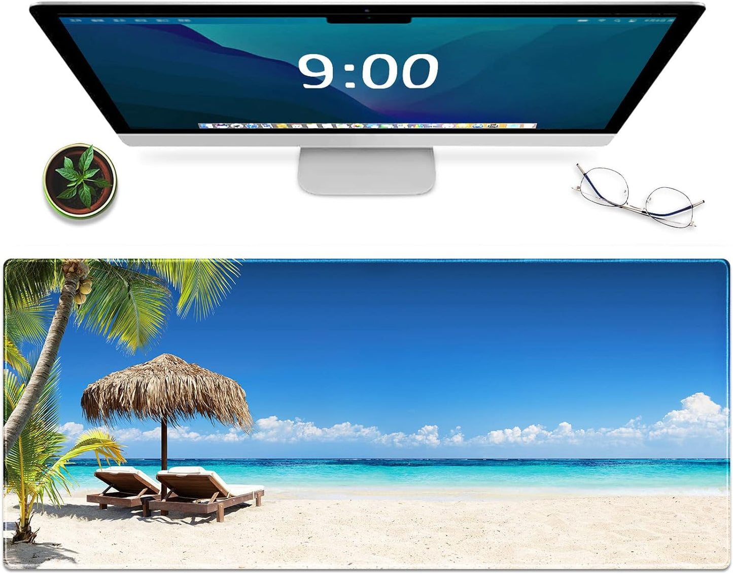 Gaming Mouse Pad Beach Pattern XXL XL Large Mouse Pad Mat Long Extended Mousepad Desk Pad Non-Slip Rubber Mice Pads Stitched Edges Thin Pad (31.5X11.8X0.12 Inch)- Tropical Palm Sea and Beach