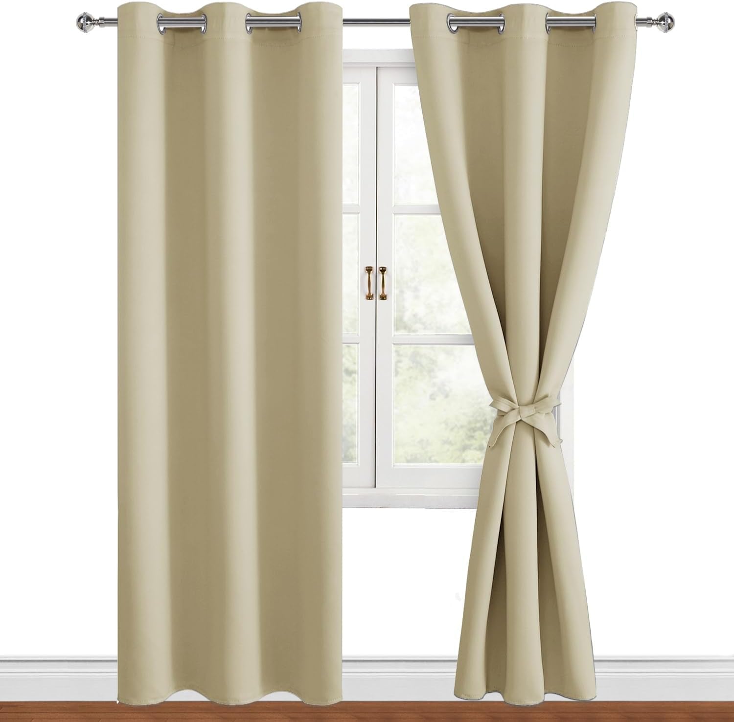 Blackout Curtains for Bedroom, 42 X 84 Inches Long - Thermal Insulated & Light Blocking Window Curtains for Living Room, 2 Drape Panels Sewn with Tiebacks, Light Beige