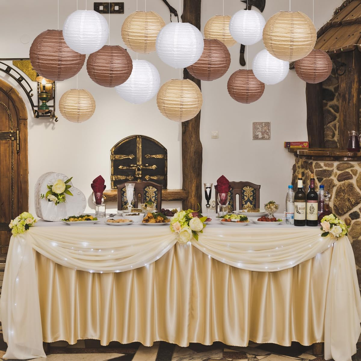 Paper Lanterns Decorative, round Hanging Paper Lanterns Decorations for Rustic Party Wedding Natural Baby Shower Boho Brown Birthday Party Supplies Brown/White/Tan 15Pcs