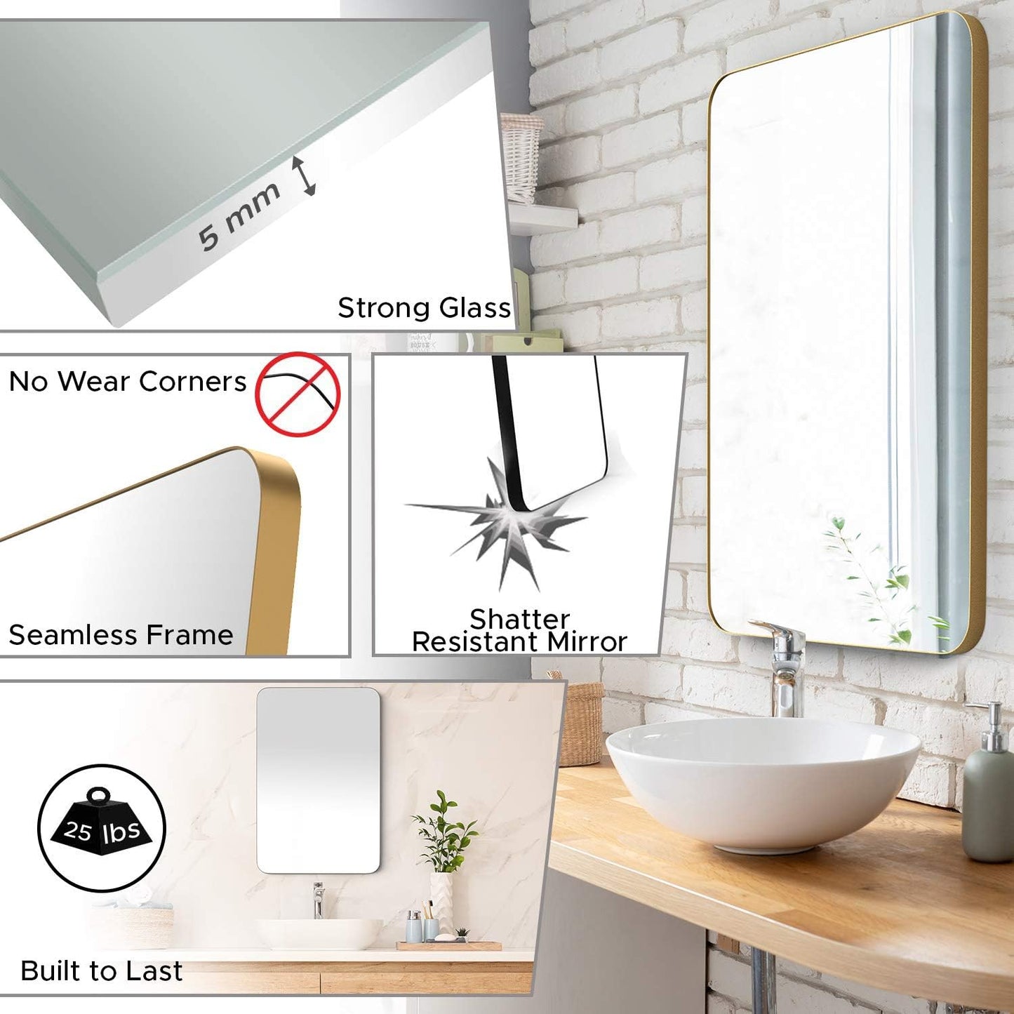 Large Bathroom Mirrors for Wall - Modern Rectangular Mirror with Seamless Metal Mirror Frame - Easy to Install, Mounting Hardware Included (Gold, Slim Lip 36"X24")