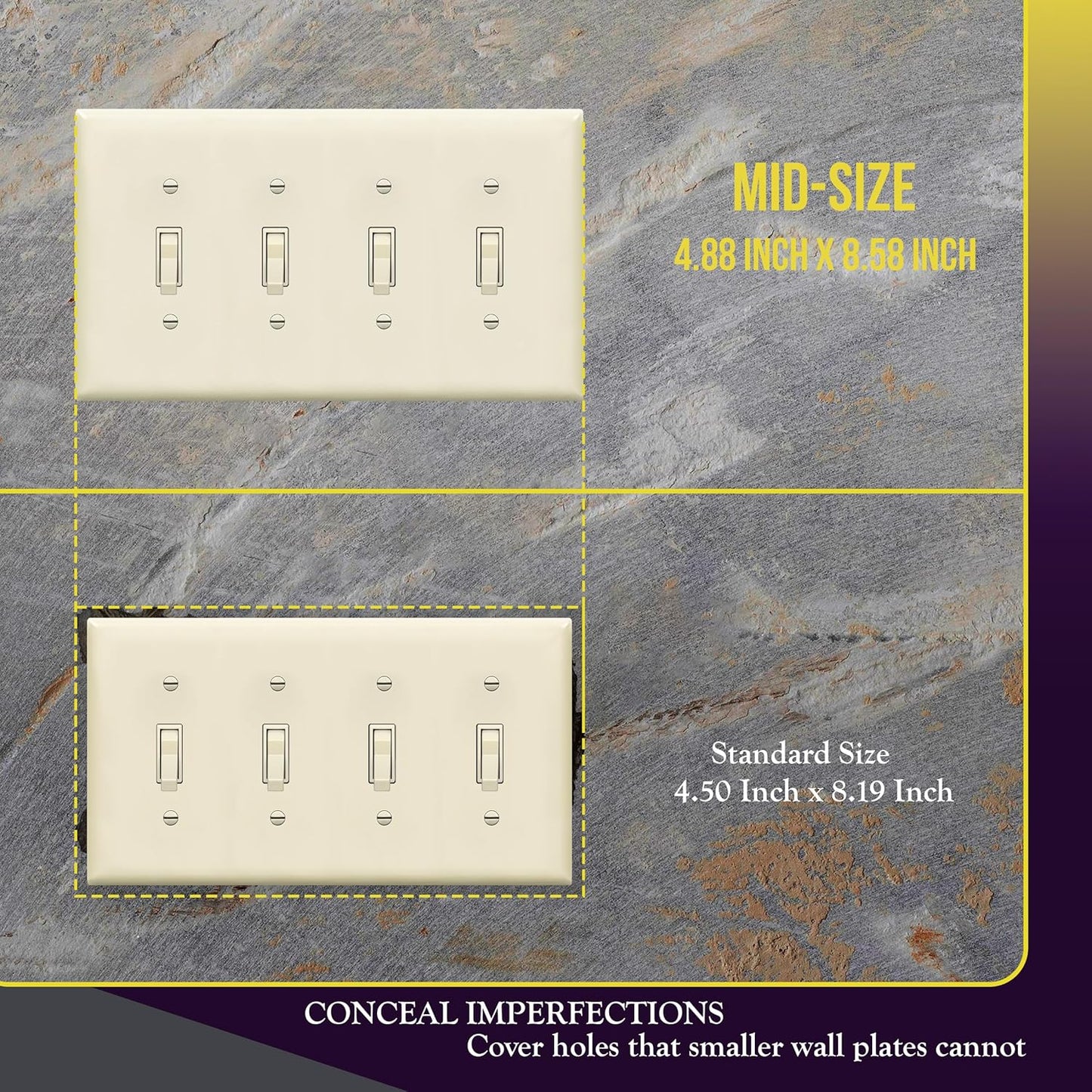 Quad Light Switch Wall Plate, Toggle Switch Plate, Gloss Finish, 4-Gang Mid-Size 4.88" X 8.58", Unbreakable Polycarbonate Thermoplastic, 8814M-LA, Light Almond