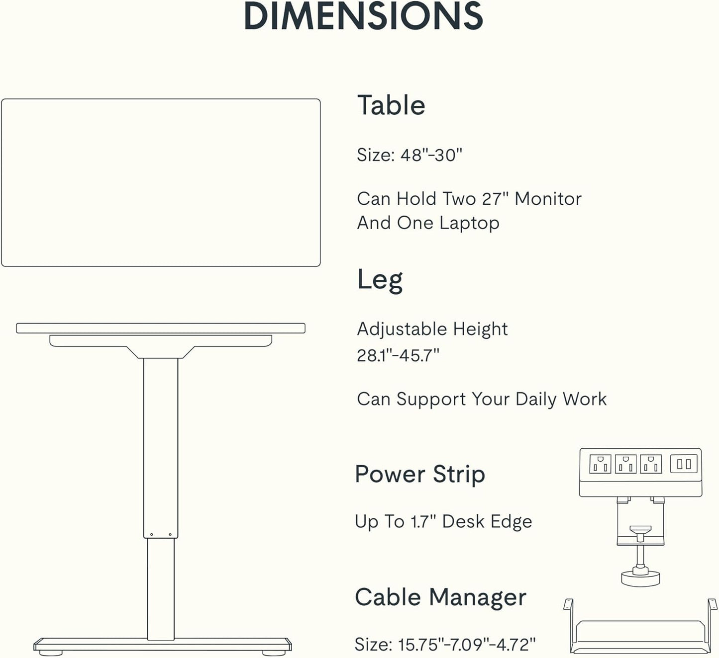 EN2 Whole-Piece Standing Desk with Clamp Power Strip, 48 X 30 Electric Stand up Height Adjustable Desk with Cable Management (Black Frame + 48" White Top, 2 Packages)