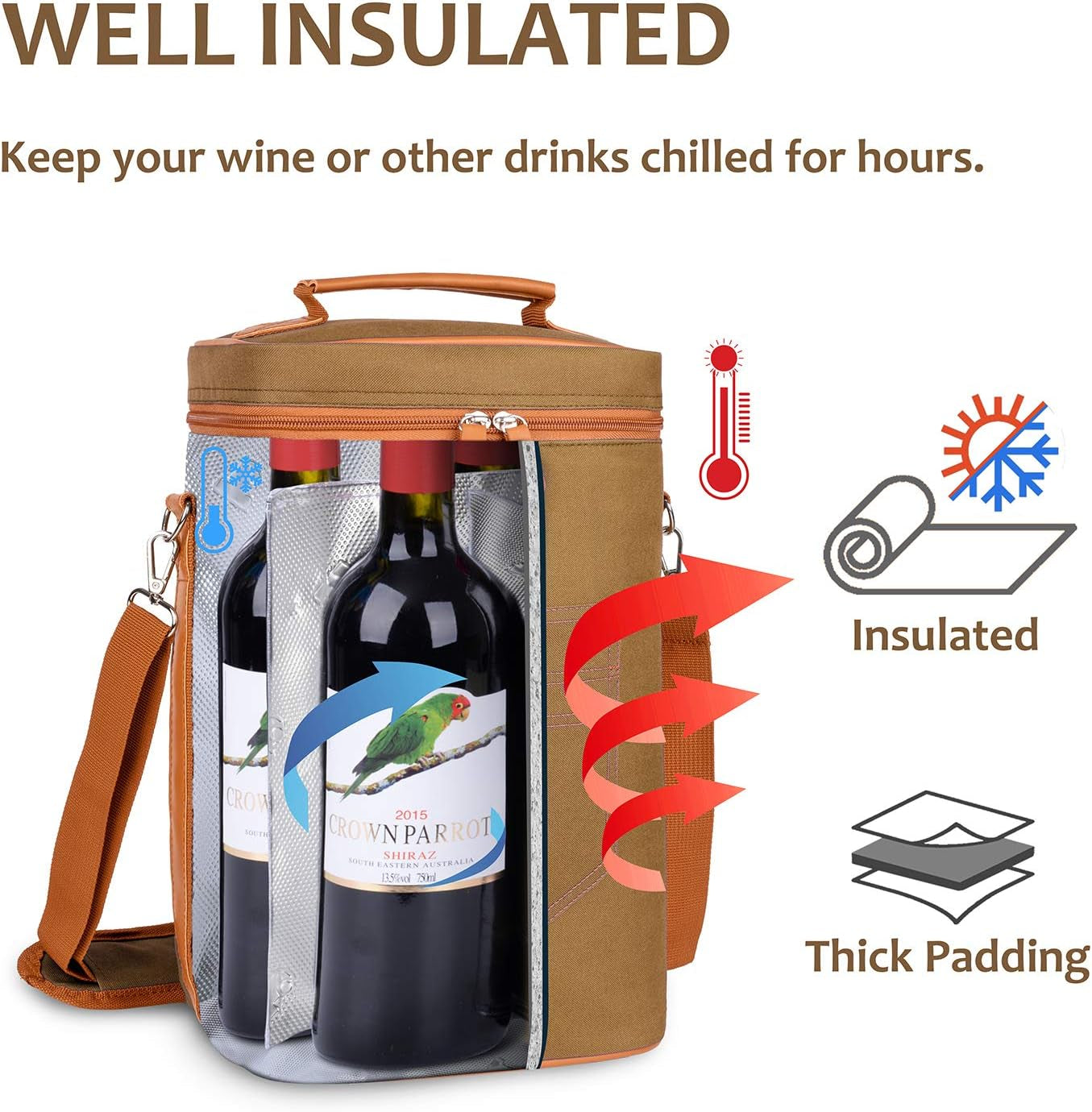 4 Bottle Wine Gift Carrier - Insulated & Padded Portable Versatile Wine Carrying Cooler Tote Bag for Travel, BYOB Restaurant, Wine Tasting, Party, Great Gift for Wine Lover, Khaki