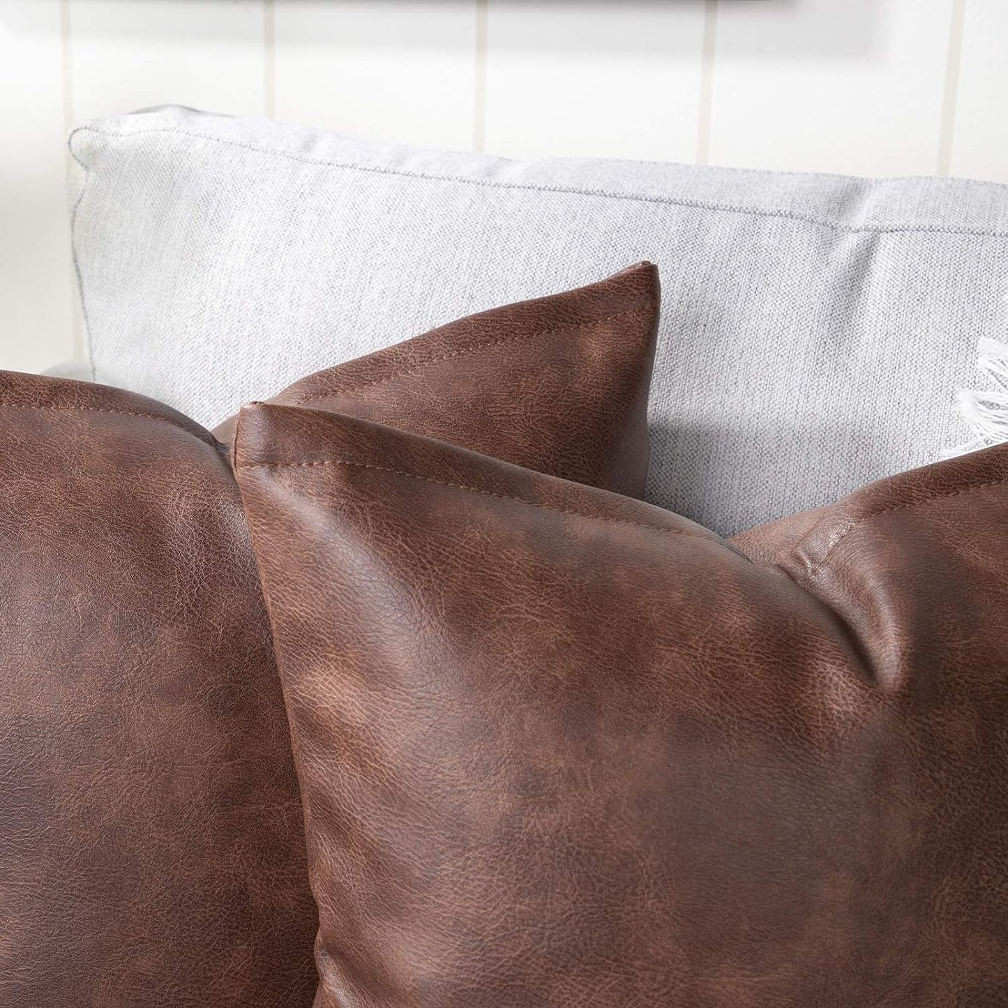 Set of 2 Faux Leather Decorative Throw Pillow Covers Modern Solid Outdoor Cushion Cases Luxury Pillowcases for Couch Sofa Bed 22X22 Inches Dark Brown