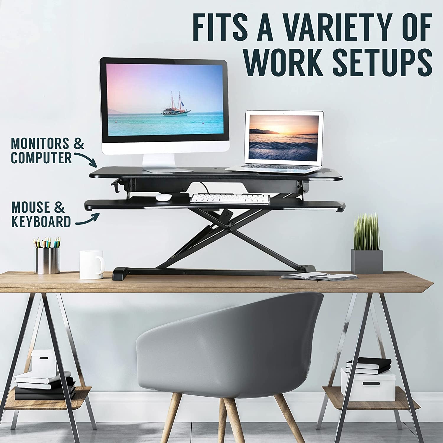 Standing Desk Converter-32-Inch Height Adjustable, MDF Wood, Sit Riser-Black, 32"