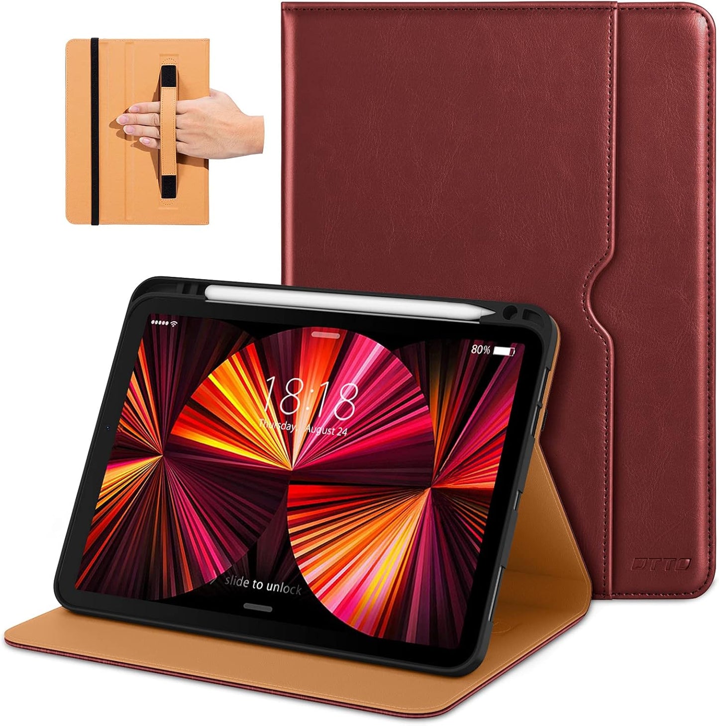 Case for Ipad Pro 11 Inch 4Th / 3Rd / 2Nd / 1St Generation 2022/2021/2020/2018,Premium PU Leather Folio Stand Cover with Hand Strap, Auto Wake/Sleep,Multiple Viewing Angles, Burgundy Red