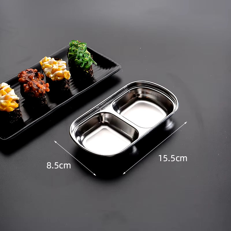 Stainless Steel Divided Dip Bowls Sauce Plate Seasoning Dipping Condiment Tray for BBQ Vinegar Spice Ketchup Salt Sugar Flavor