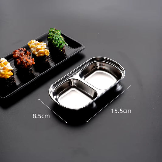 Stainless Steel Divided Dip Bowls Sauce Plate Seasoning Dipping Condiment Tray for BBQ Vinegar Spice Ketchup Salt Sugar Flavor