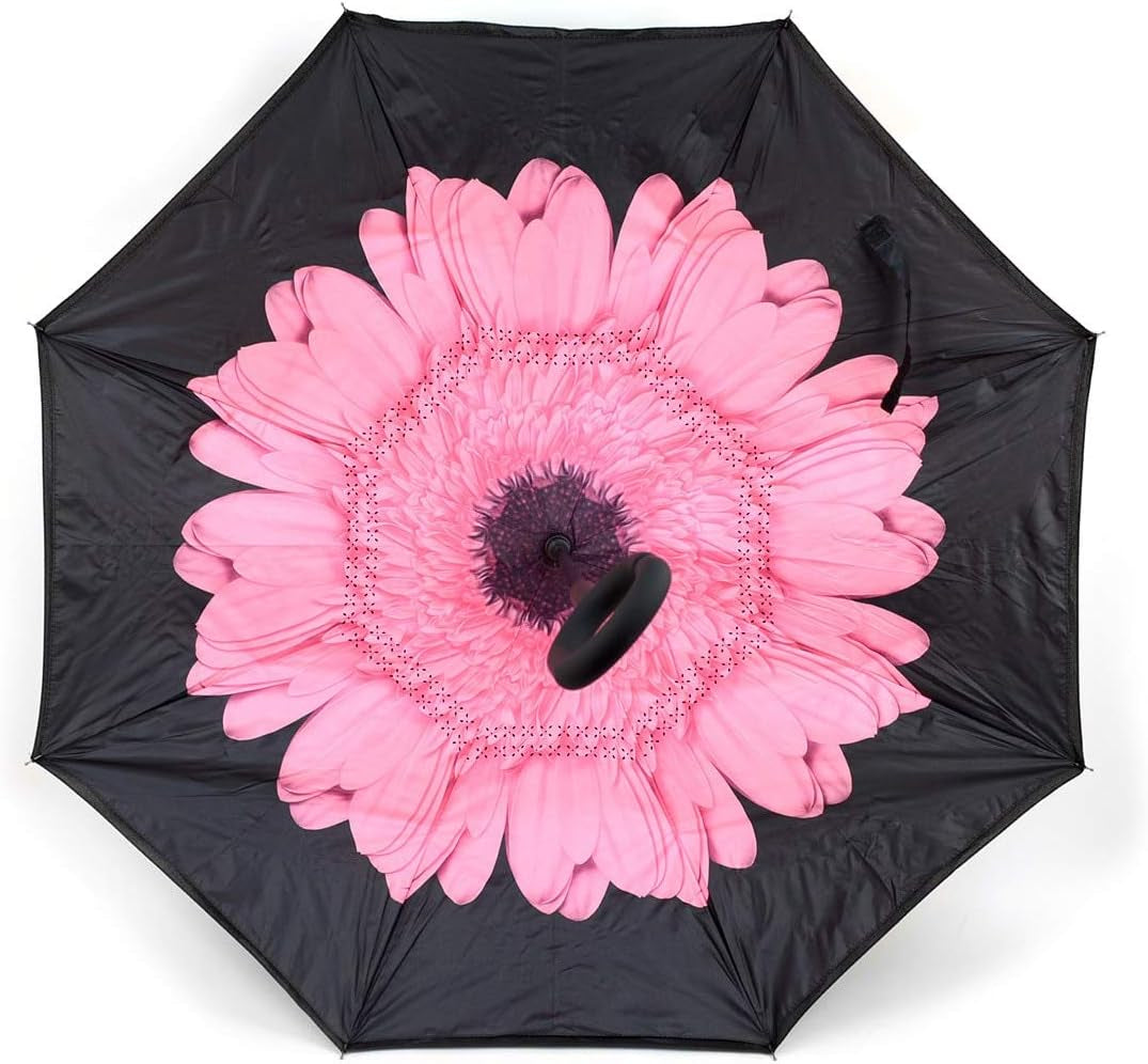 Pink Flower Double Layer Inverted Umbrellas - C Shaped Handle Reverse Folding Windproof Umbrella for Men and Women