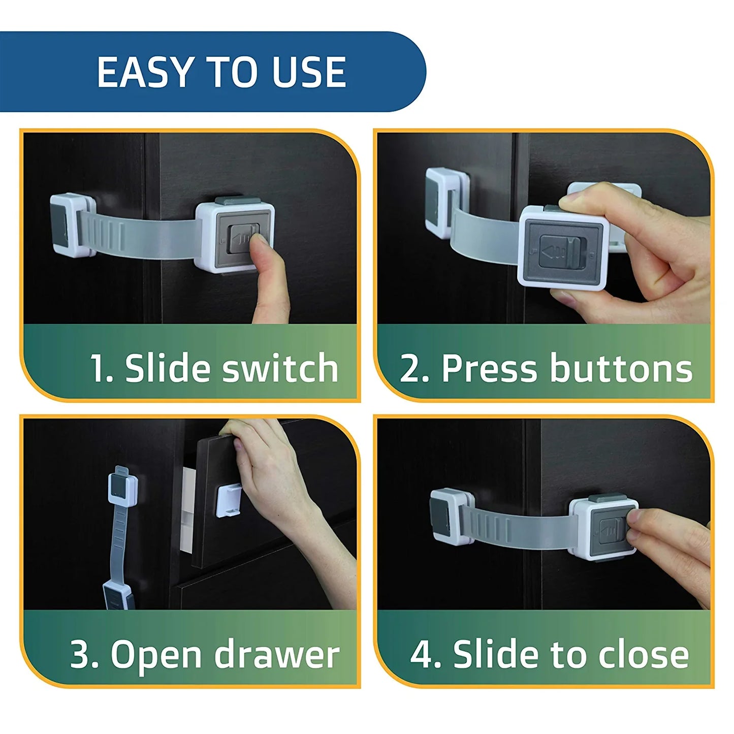 New Version Child Safety Locks 4-Pack. Baby Proof Cabinets, Drawers with Easy Adjustable Strap Length, Double Lock Option, Easier Latch for Adults to Open. Secure Oven, Refrigerator, Toilet, Doors