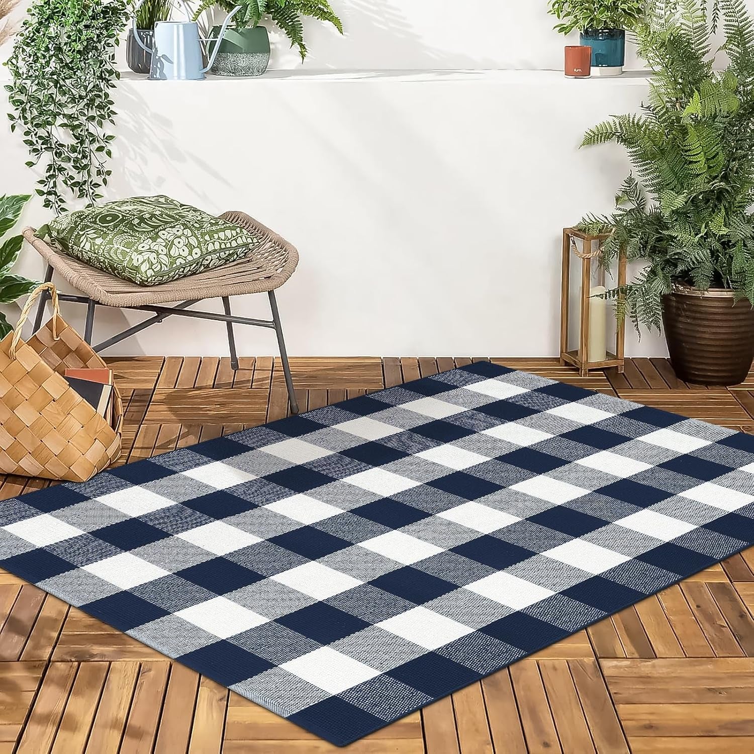 Buffalo Plaid Outdoor Rug, 3X5 Blue and White Checkered Door Mat, Cotton Woven Washable Welcome Mat for Kitchen, Farmhouse Entryway Carpet