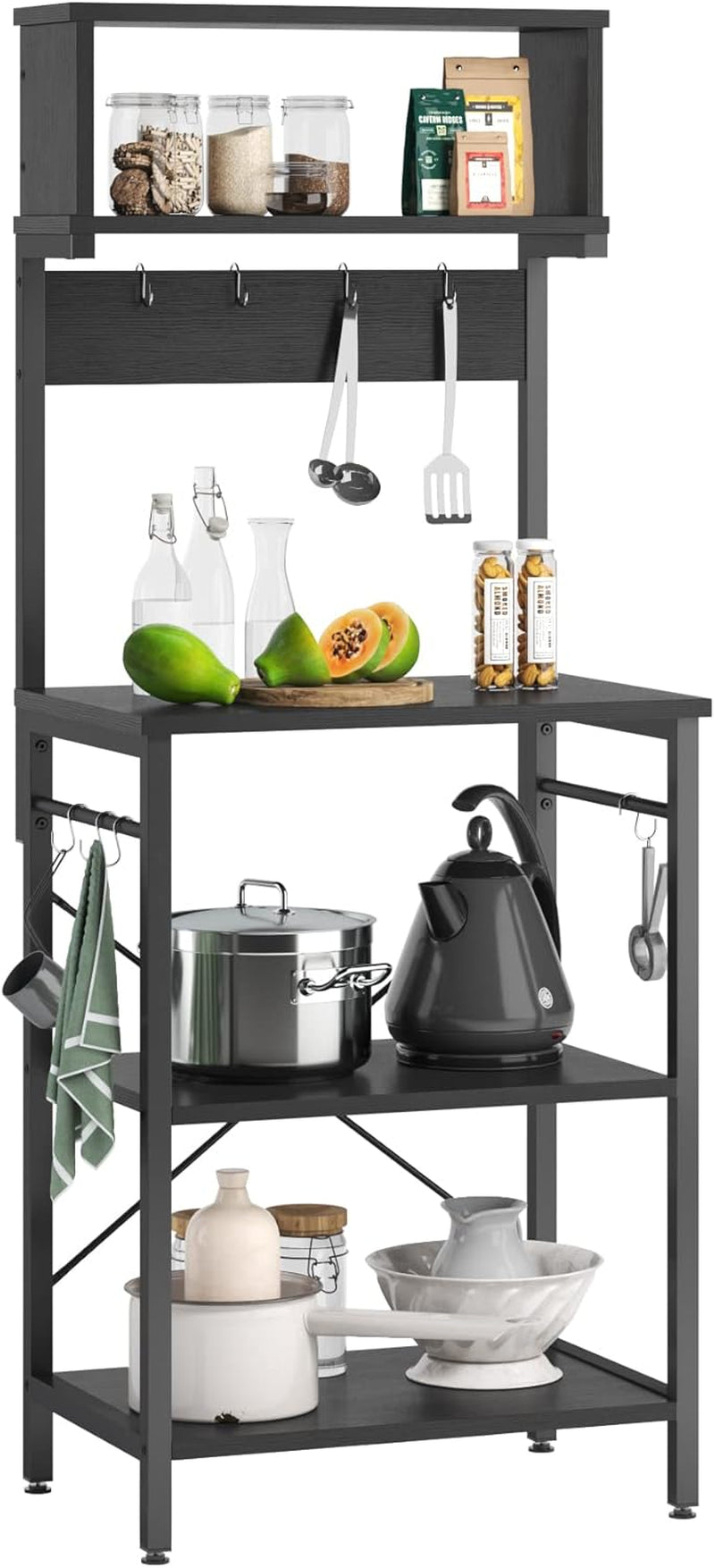 Kitchen Baker'S Rack 60 Inch Microwave Oven Stand Kitchen Shelf with Hutch 8 Side Hooks Coffee Station Utility Storage Shelf for Kitchen Dining Room Living Room