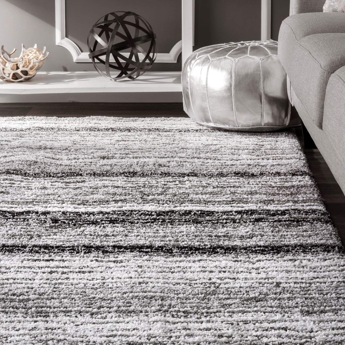 Drey Striped Shag Area Rug - 9X12 Shag Area Rug Casual Gray Multi/Brown Rugs for Living Room Bedroom Dining Room Nursery