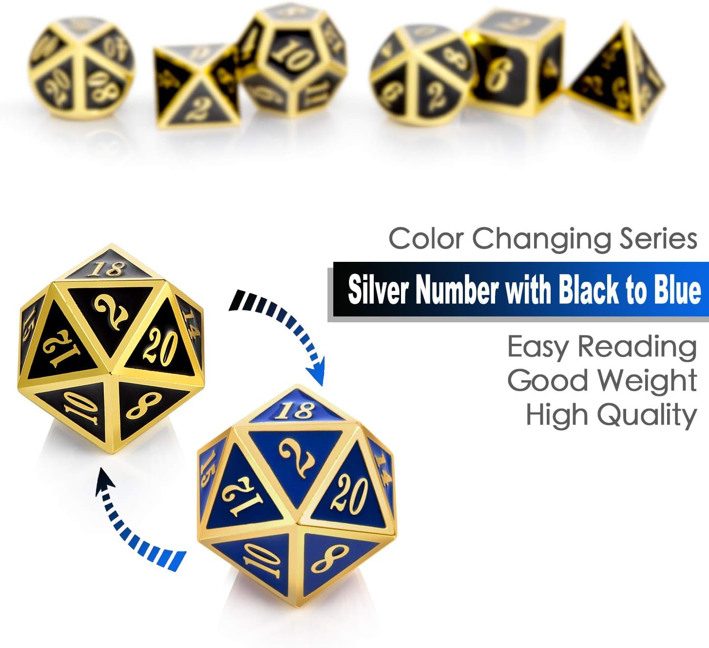 D&D Game Metal Dice Set,  Color Changing Mettallic Dice with Free Metal Tin for DND Dungeons and Dragons Role Playing Table Games (Glod Number with Black to Blue)