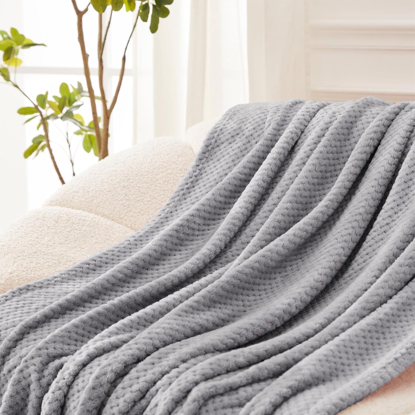 Fleece Bed Blanket King Size, Super Soft and Warm Blankets for Couch, Sofa and Bed Waffle Textured, Cozy, Fuzzy and Lightweight (Light Grey, 90X104 Inches)