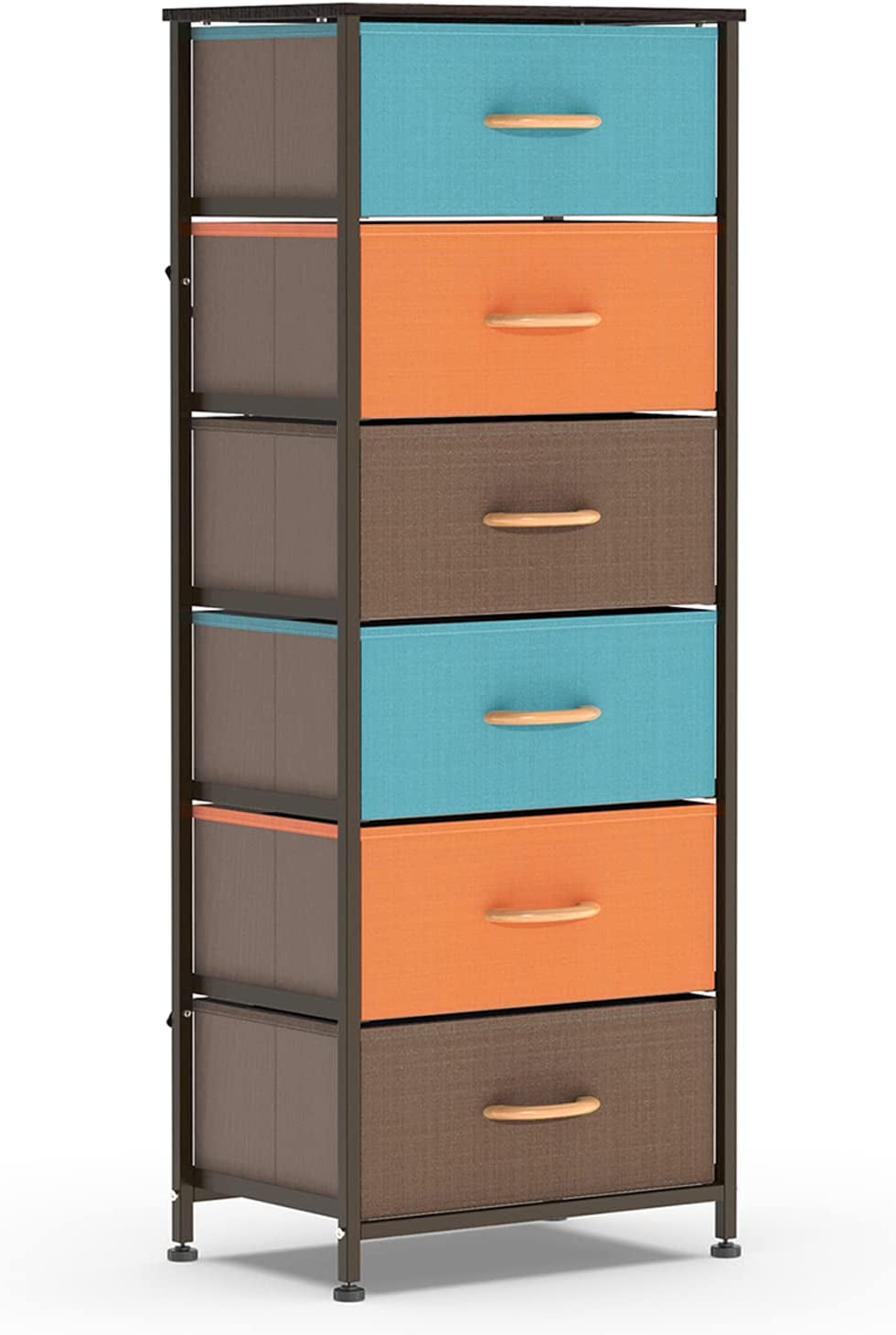 Vertical Dresser Storage Tower with 6 Drawers, Fabric Organizer Dresser Tower for Bedroom, Hallway, Entryway, Closets - Brown, Orange, Green