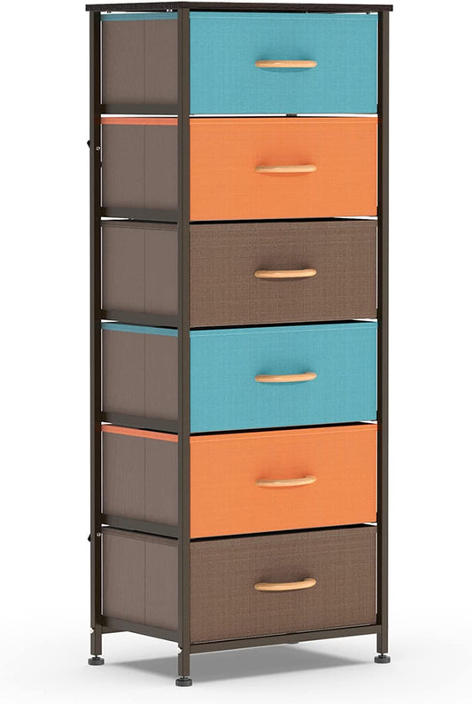 Vertical Dresser Storage Tower with 6 Drawers, Fabric Organizer Dresser Tower for Bedroom, Hallway, Entryway, Closets - Brown, Orange, Green