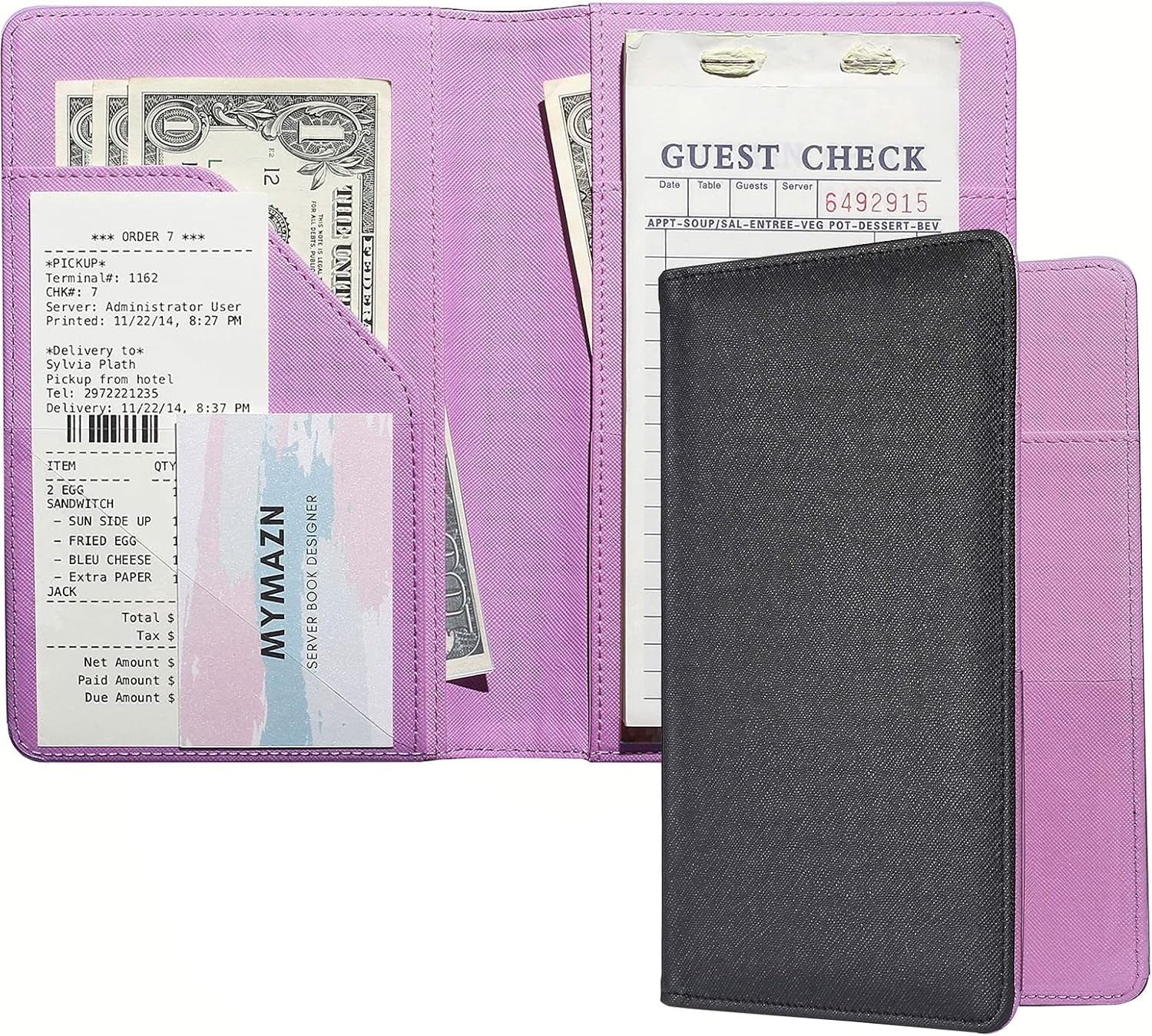 Server Book for Waitress Book Server Wallet for Waiter Book Serving Book Guest Check Holder Restaurant Waitstaff Organizer for Apron (Outside Black/Inside Purple)