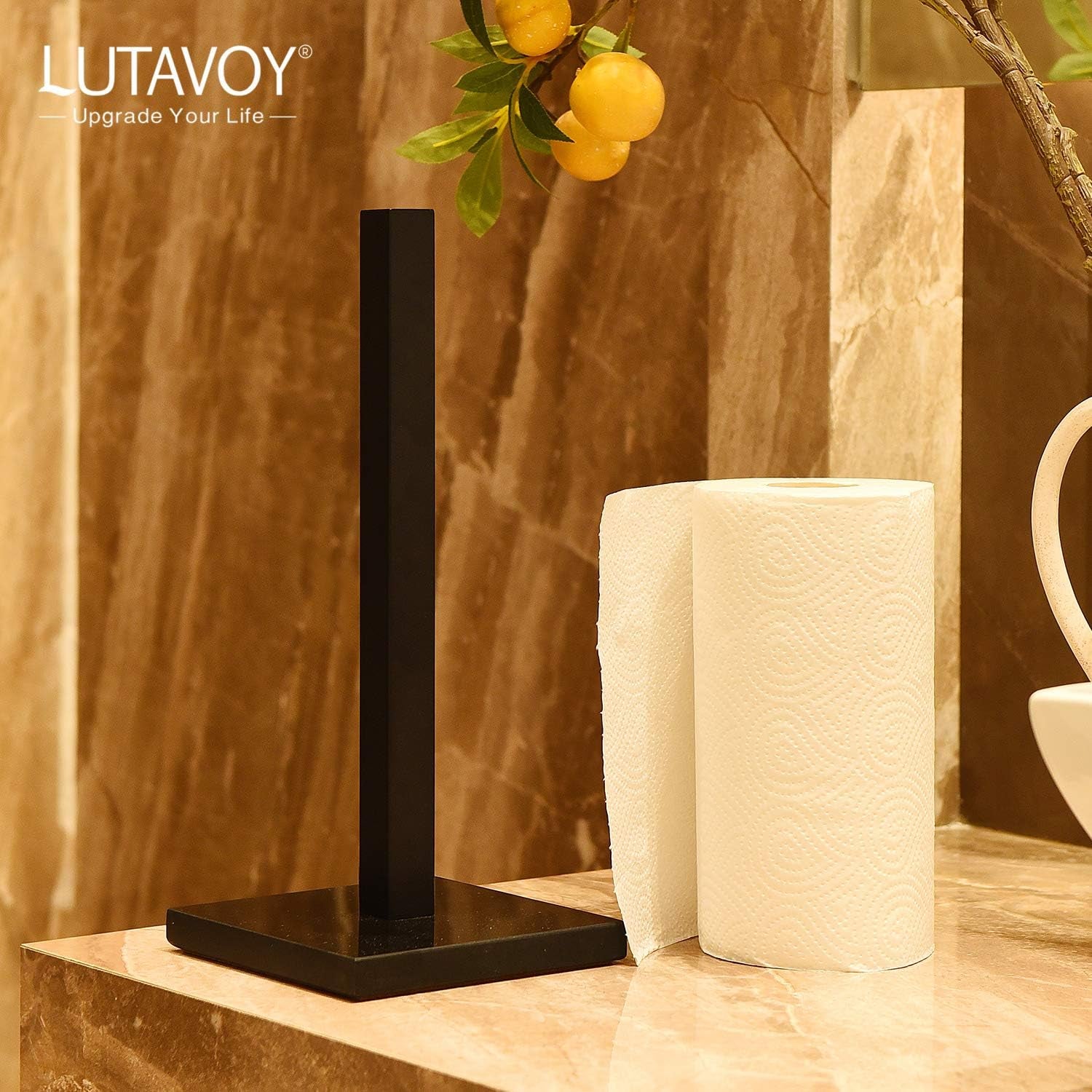 Paper Towel Holders Kitchen Standing Paper Towel Roll Holders with Marble Base Copper Plated(Kz50 Black&Black)