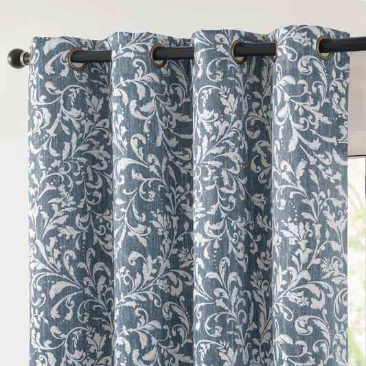 100% Blackout Curtains for Bedroom, Blue Scroll Floral Patterned Curtains 72 Inch Length for Living Room, Farmhouse Vintage Art Deco Drapes, Thermal Insulated Window Curtains Grommet 2 Panels