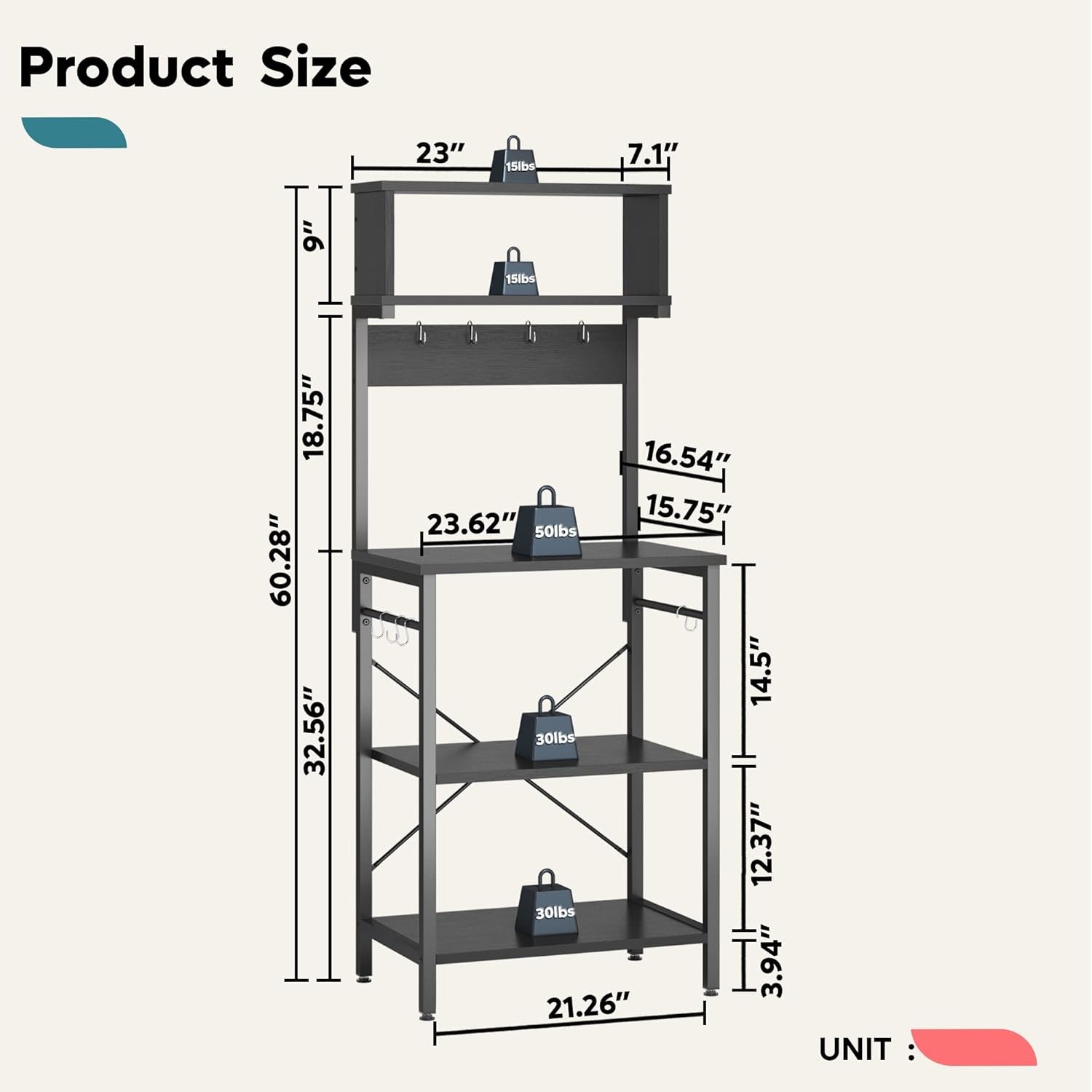 Kitchen Baker'S Rack 60 Inch Microwave Oven Stand Kitchen Shelf with Hutch 8 Side Hooks Coffee Station Utility Storage Shelf for Kitchen Dining Room Living Room