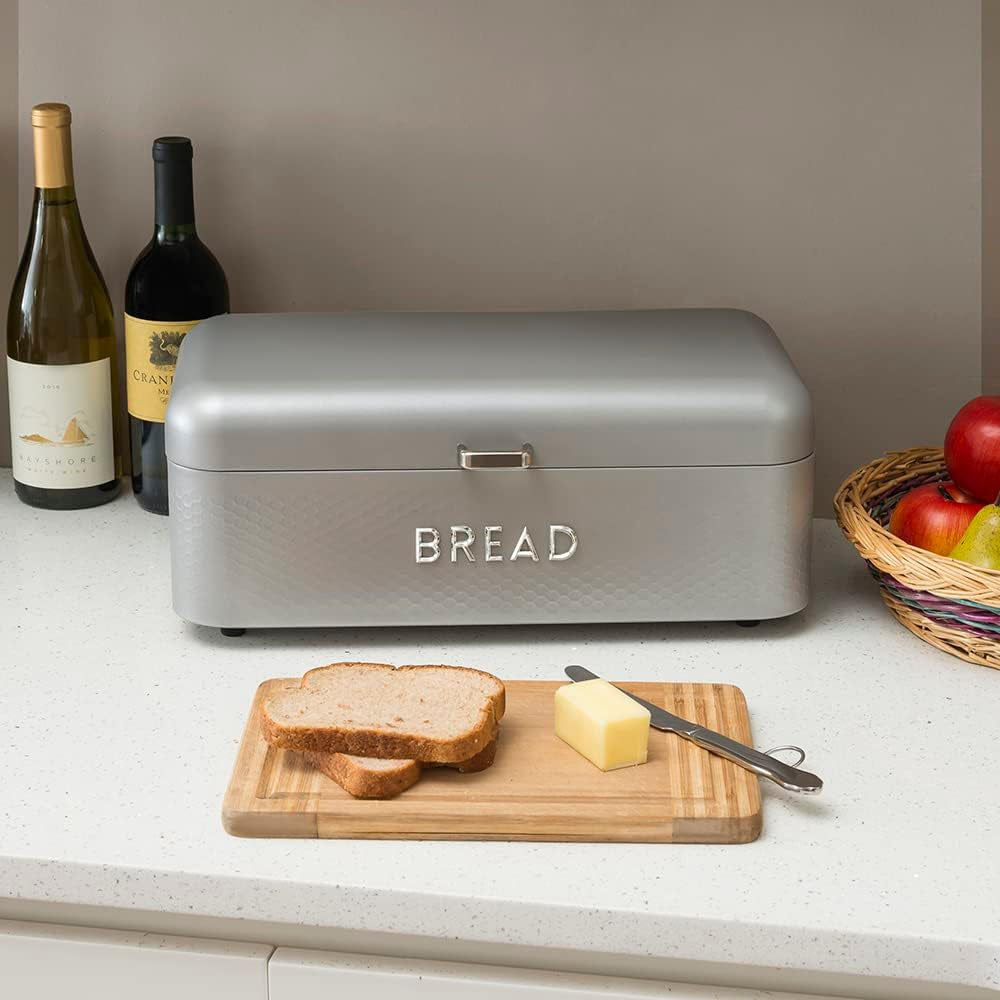 Soho Bread Box for Kitchen Countertop, Metal, (Grey), Vented with Hinge Top | Large Bread Box | Keeps Loaves, Bagels, Croissants Fresh