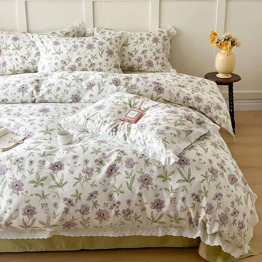 Floral Print Duvet Cover Twin White Ruffle Bedding Set Twin Purple Flower Patterned Cotton Aesthetic Botanical Soft Cottagecore Farmhouse Duvet Cover Set with Hidden Zipper, No Comforter