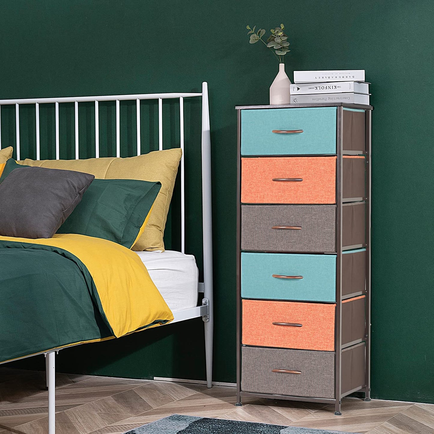 Vertical Dresser Storage Tower with 6 Drawers, Fabric Organizer Dresser Tower for Bedroom, Hallway, Entryway, Closets - Brown, Orange, Green