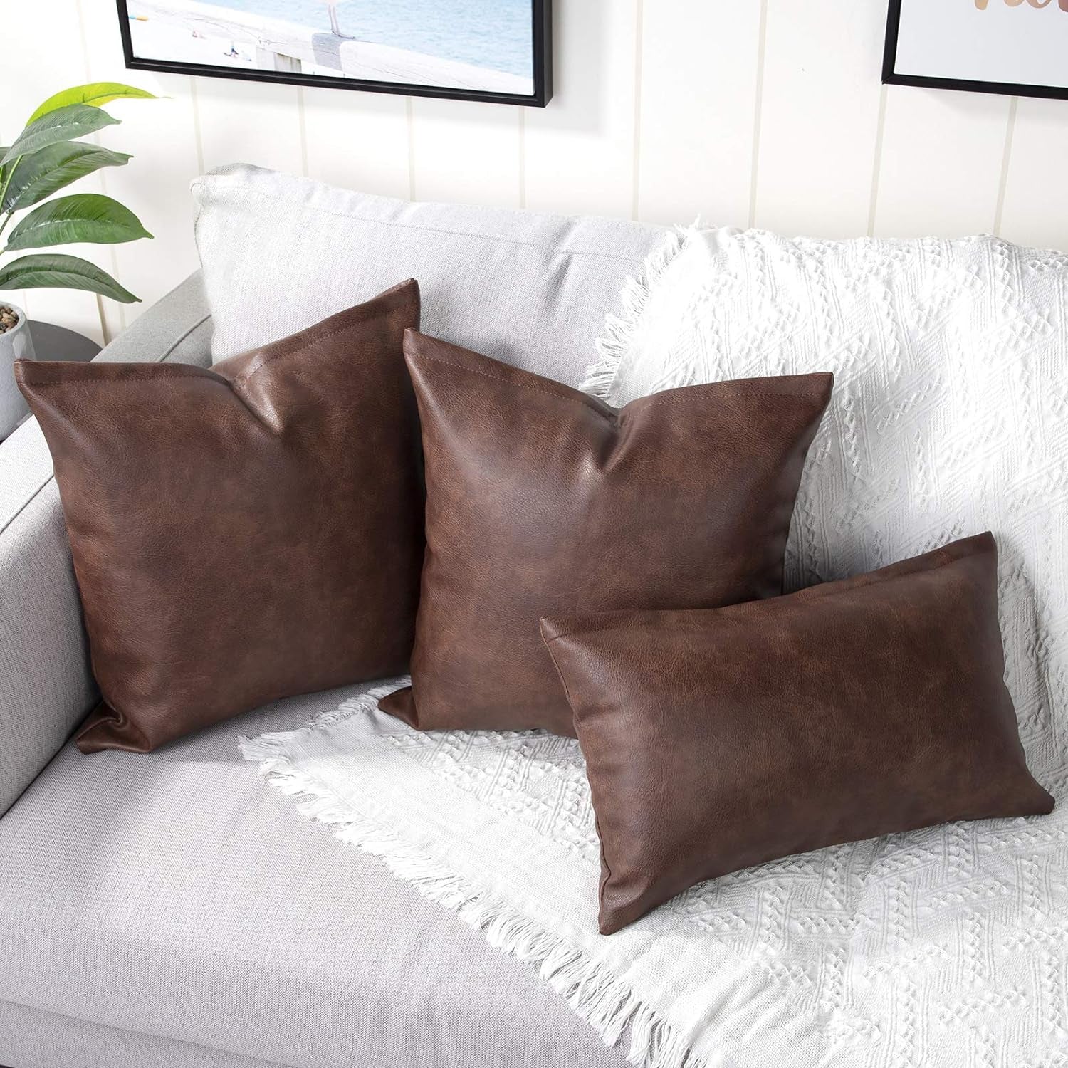 Set of 2 Faux Leather Decorative Throw Pillow Covers Modern Solid Outdoor Cushion Cases Luxury Pillowcases for Couch Sofa Bed 22X22 Inches Dark Brown